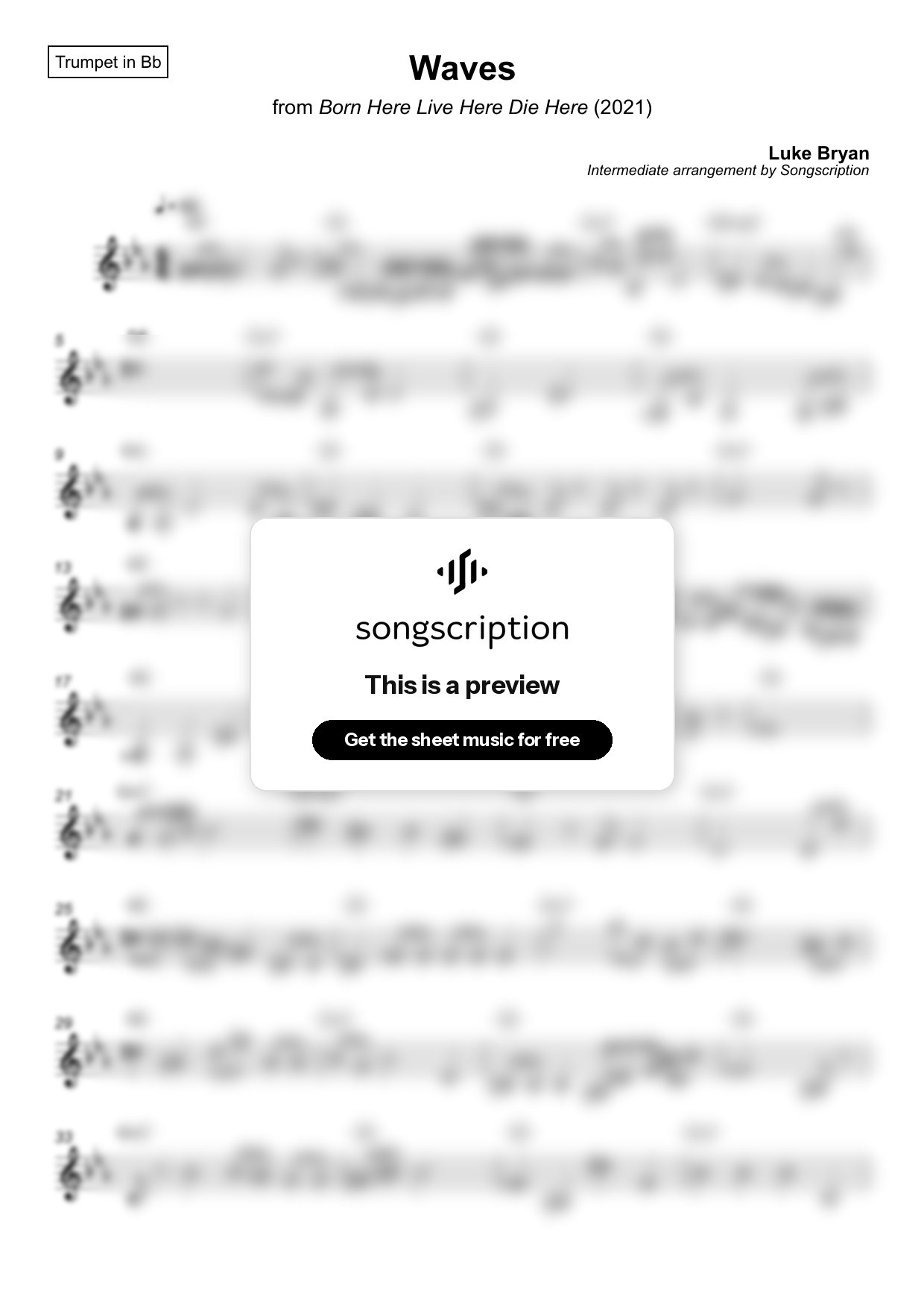 Intermediate Trumpet Sheet Music for "Waves" by Luke Bryan