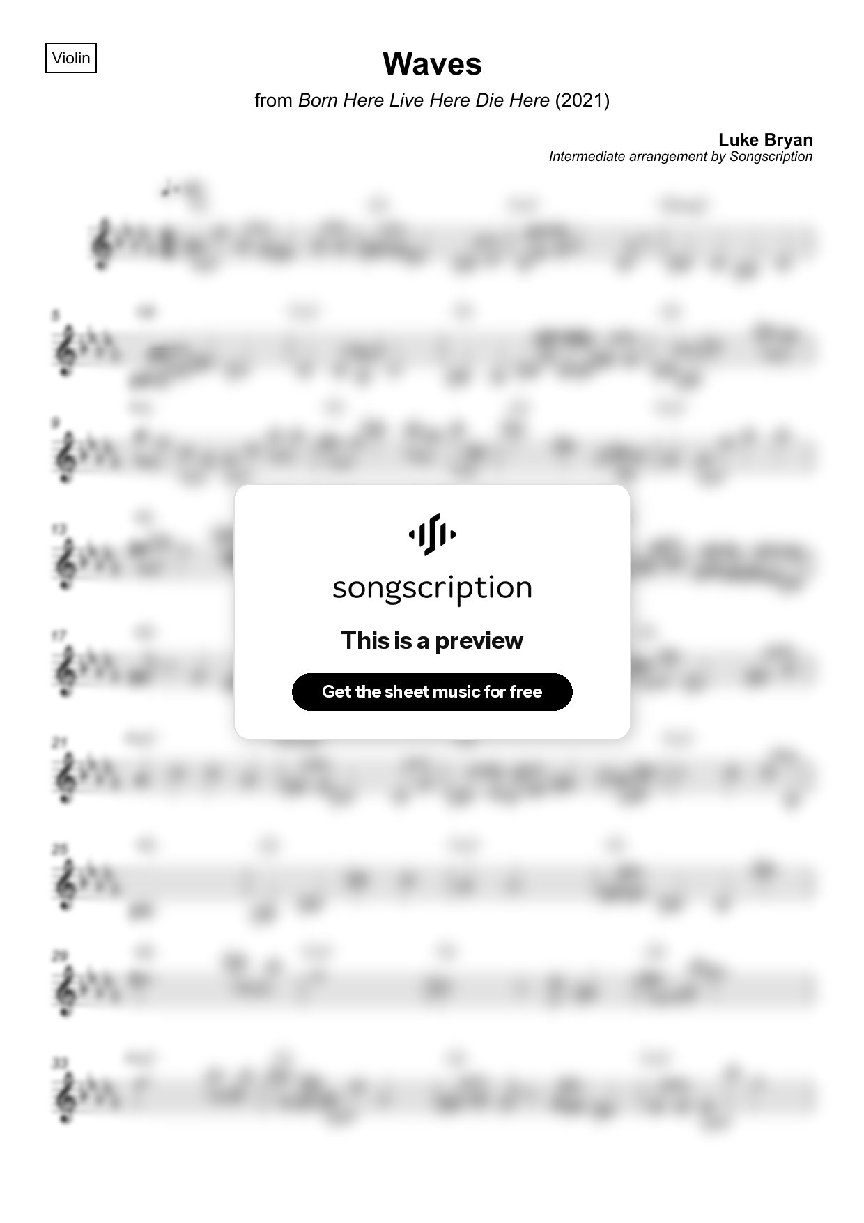 Intermediate Violin Sheet Music for "Waves" by Luke Bryan