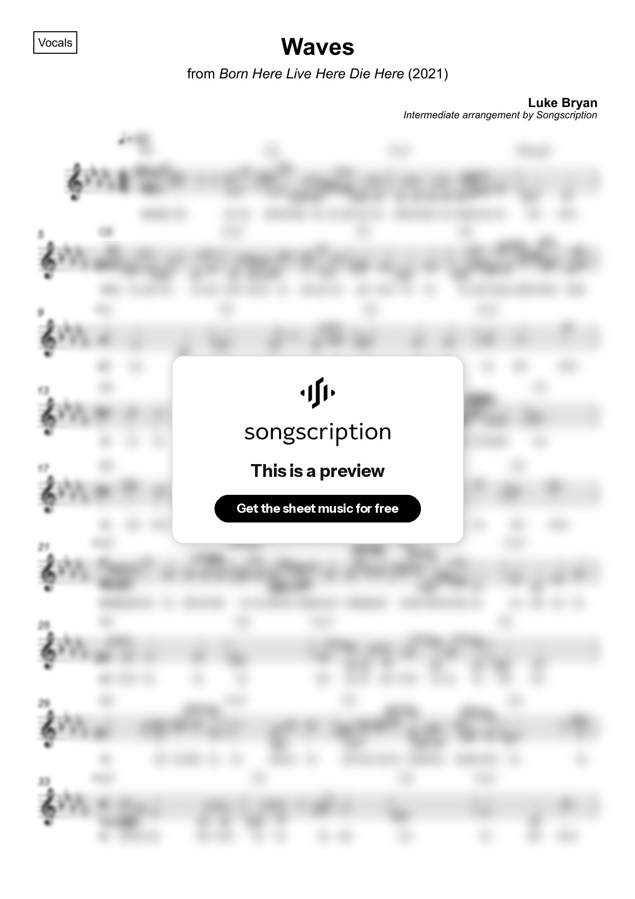 Intermediate Vocals Sheet Music for "Waves" by Luke Bryan