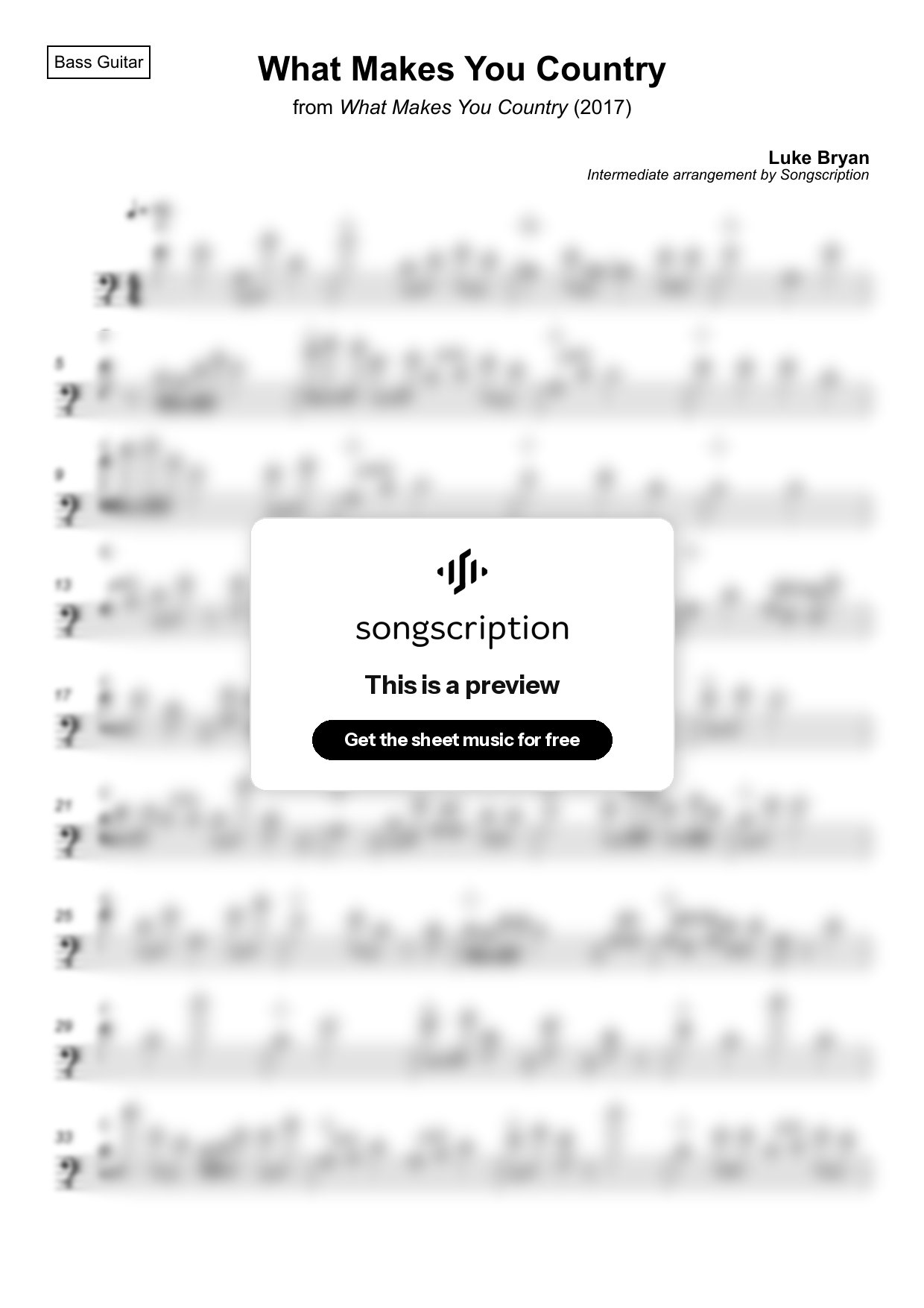Intermediate Bass Guitar Sheet Music for "What Makes You Country" by Luke Bryan
