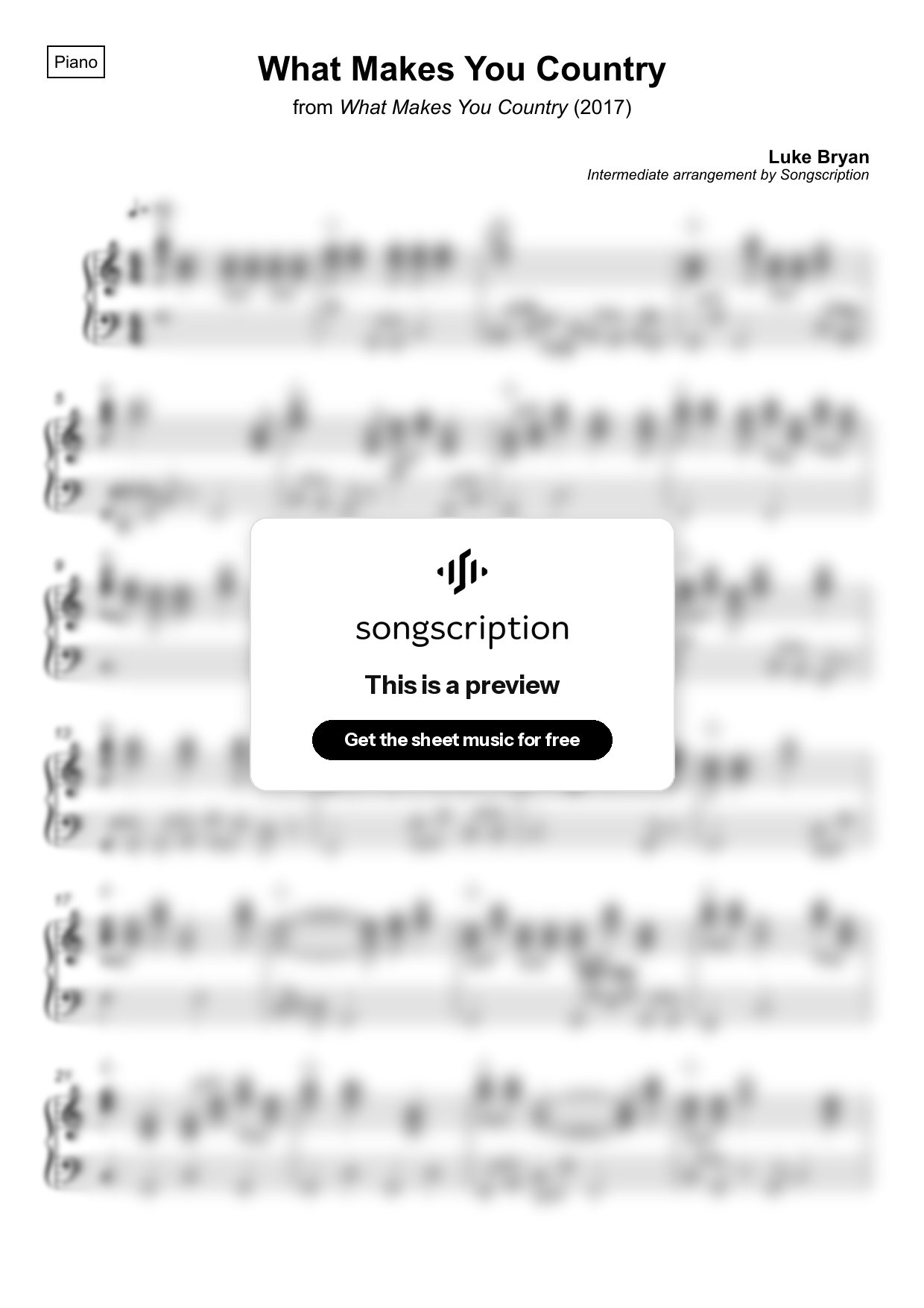 Intermediate Piano Sheet Music for "What Makes You Country" by Luke Bryan
