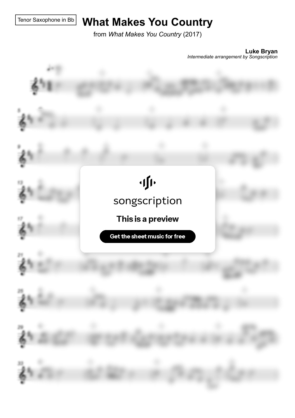 Intermediate Tenor Sax Sheet Music for "What Makes You Country" by Luke Bryan