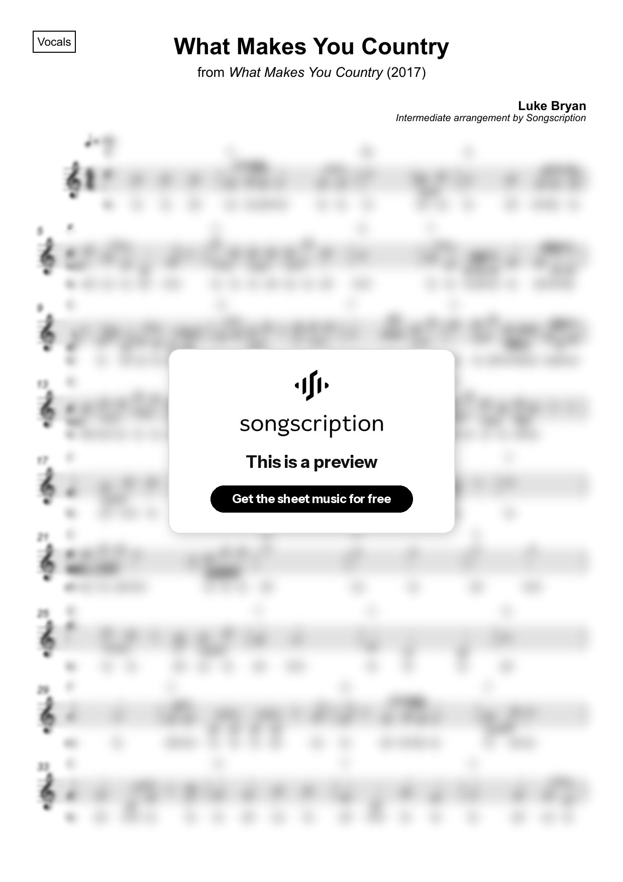 Intermediate Vocals Sheet Music for "What Makes You Country" by Luke Bryan