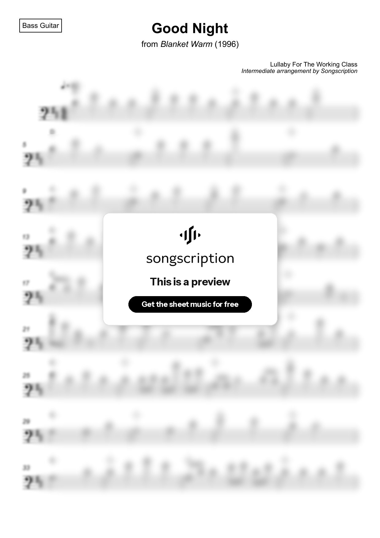 Intermediate Bass Guitar Sheet Music for "Good Night" by Lullaby For The Working Class
