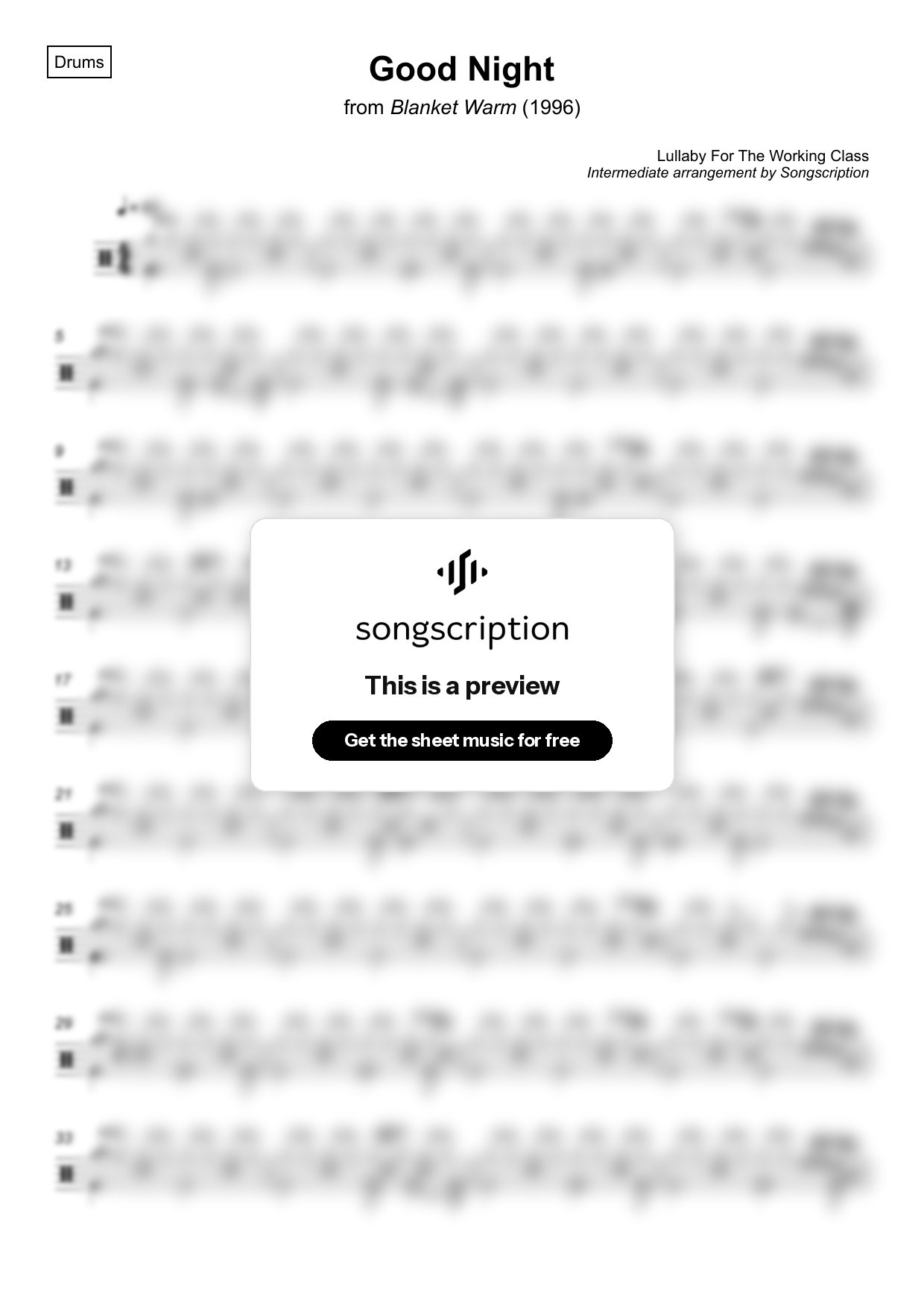 Intermediate Drums Sheet Music for "Good Night" by Lullaby For The Working Class