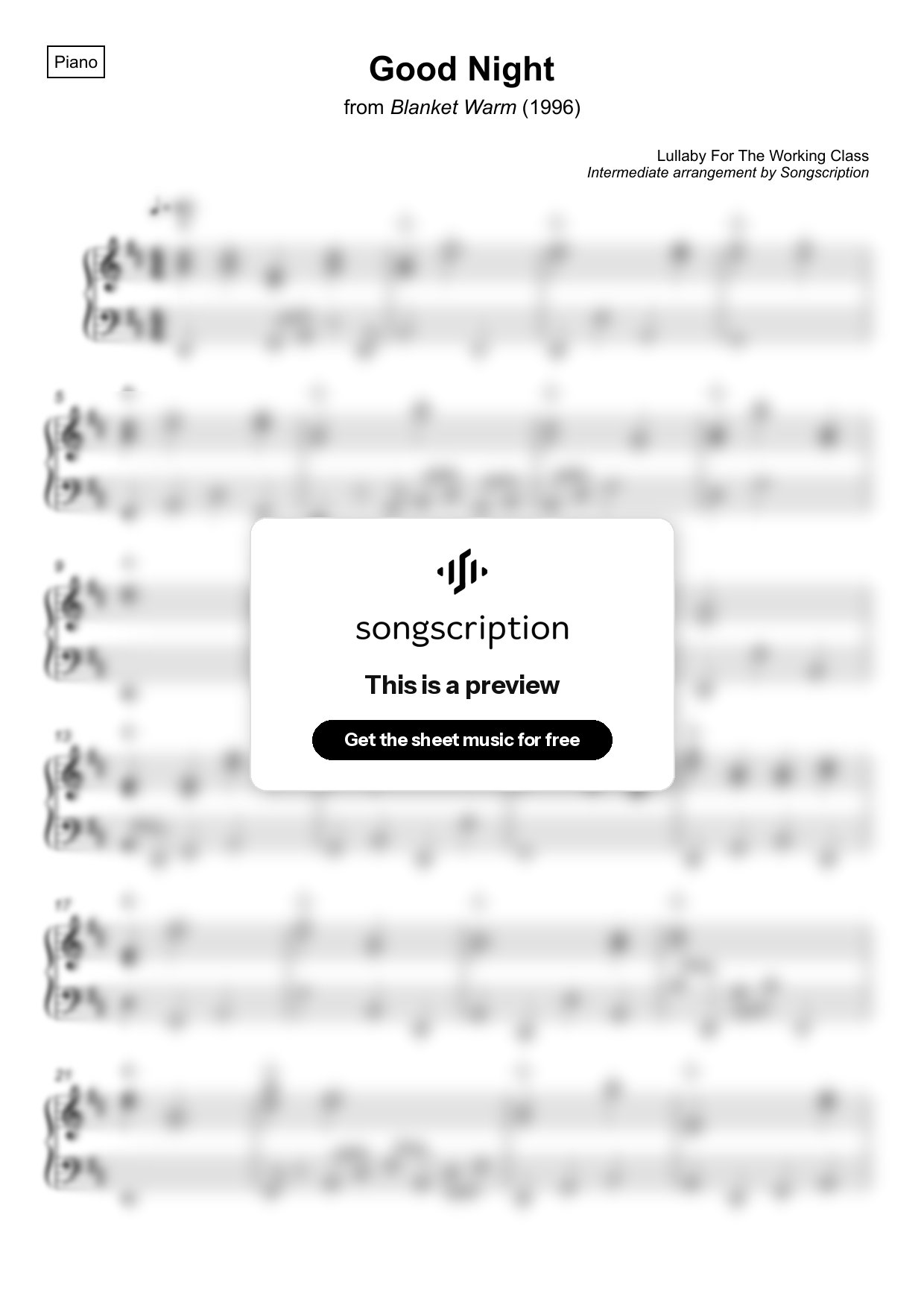 Intermediate Piano Sheet Music for "Good Night" by Lullaby For The Working Class