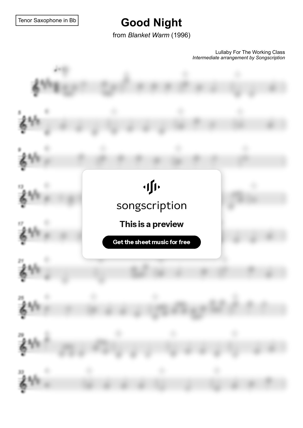 Intermediate Tenor Sax Sheet Music for "Good Night" by Lullaby For The Working Class