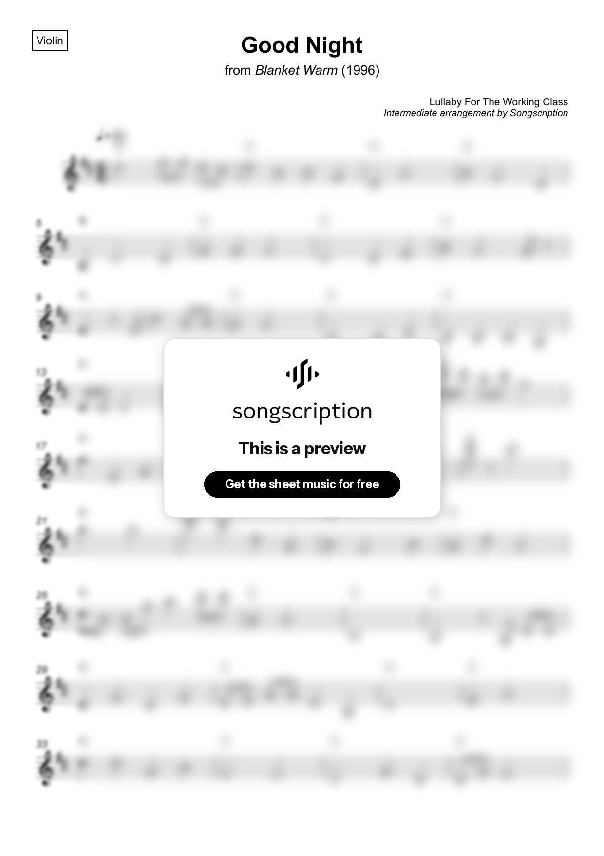 Intermediate Violin Sheet Music for "Good Night" by Lullaby For The Working Class