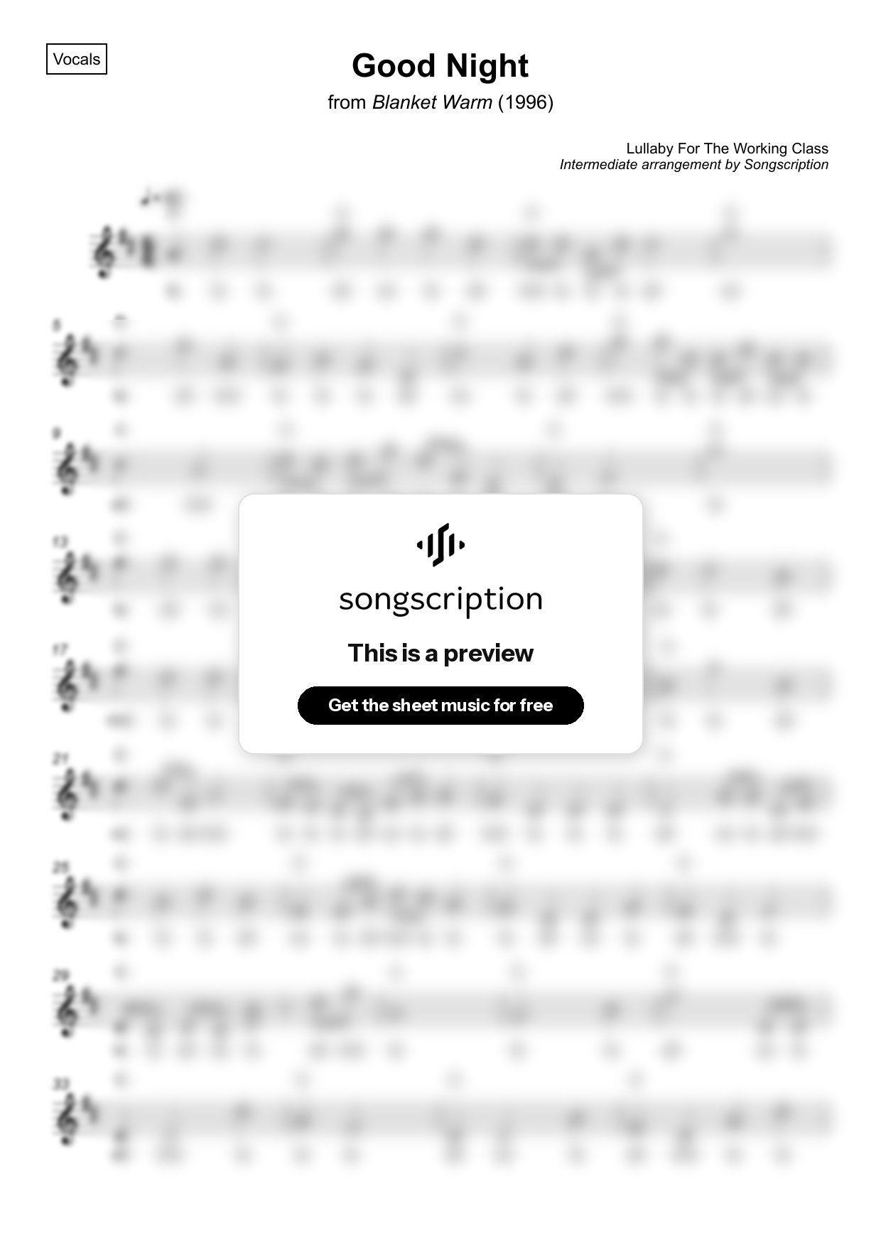 Intermediate Vocals Sheet Music for "Good Night" by Lullaby For The Working Class