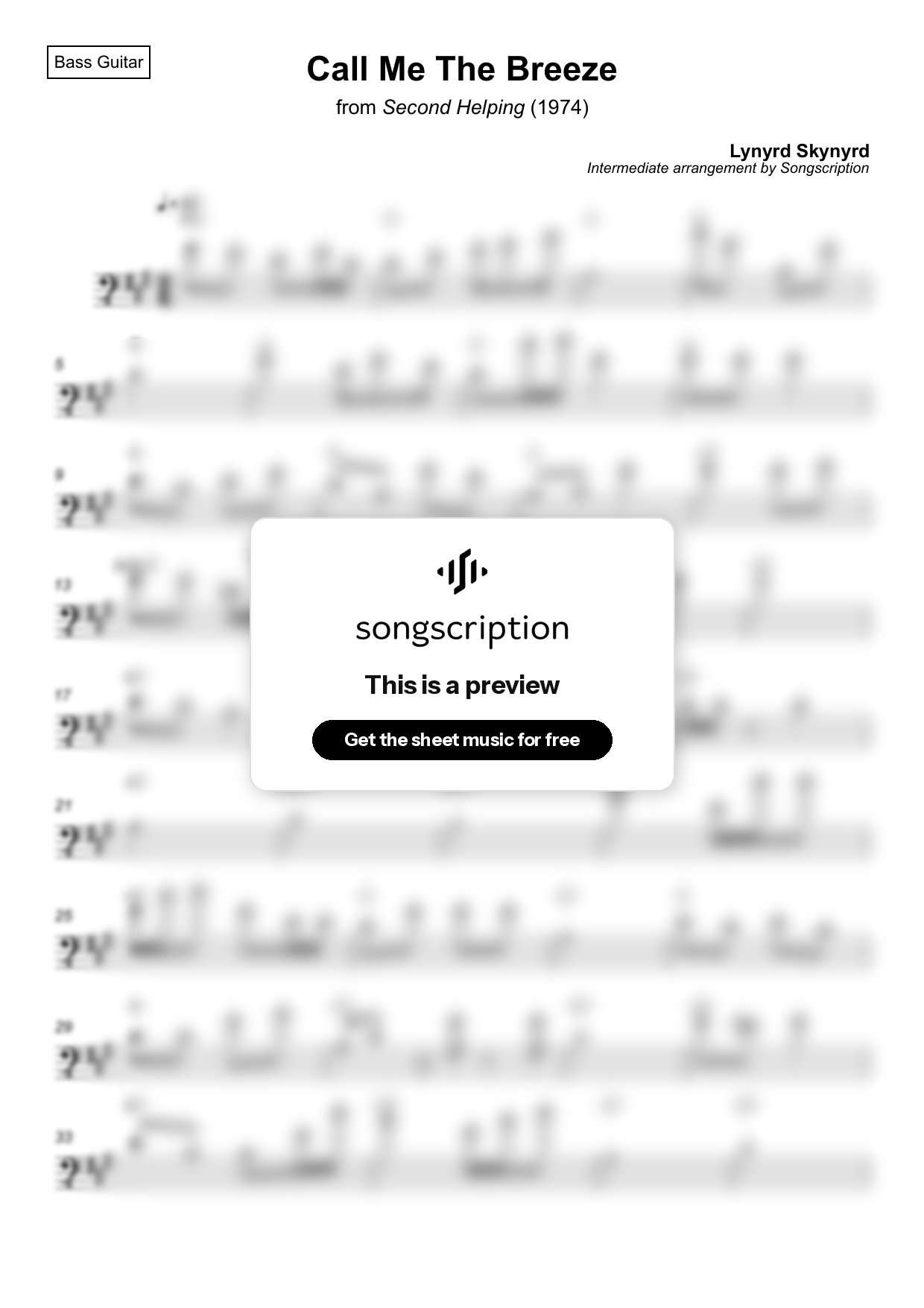 Intermediate Bass Guitar Sheet Music for "Call Me The Breeze" by Lynyrd Skynyrd