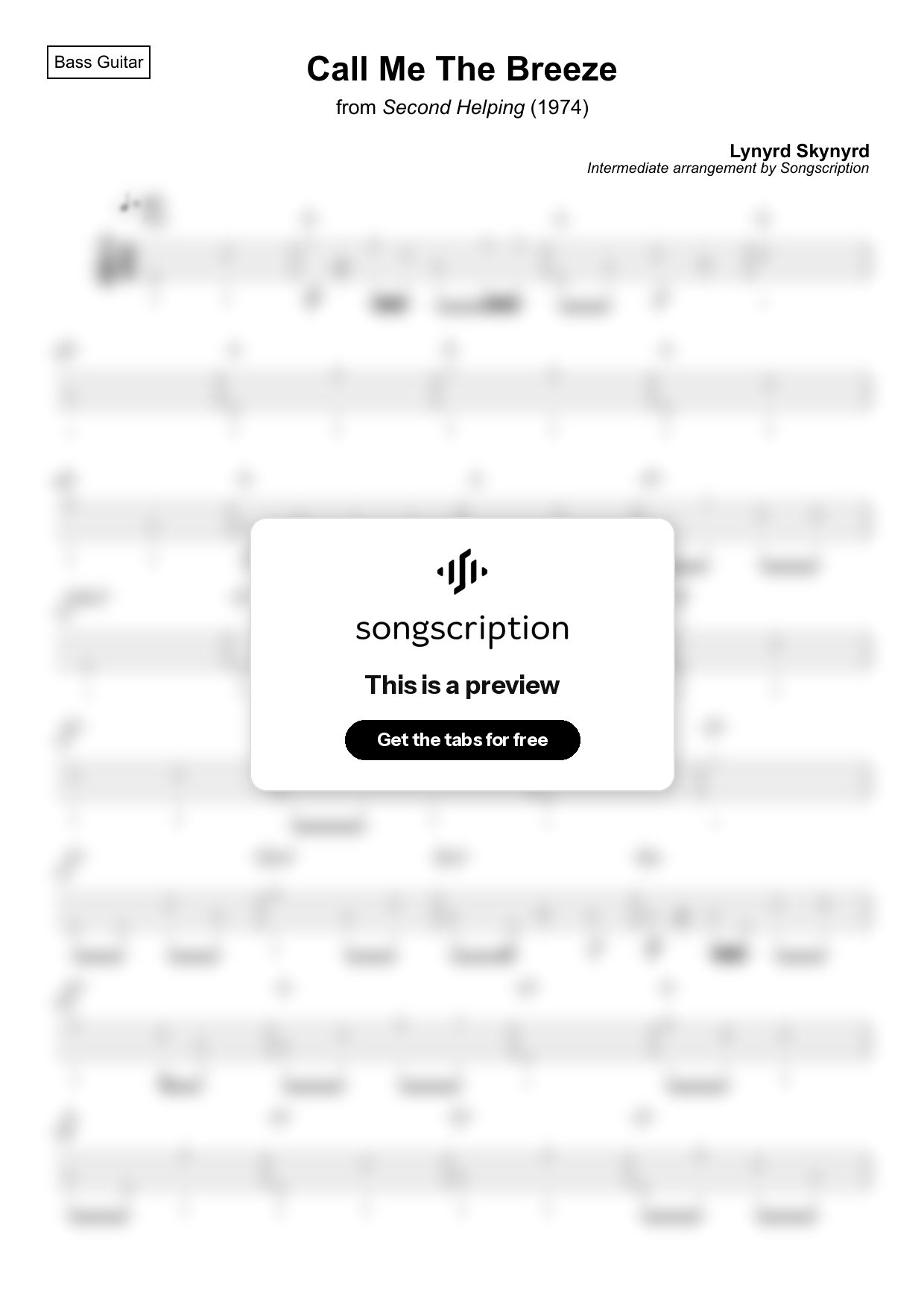 Intermediate Bass Guitar Tabs for "Call Me The Breeze" by Lynyrd Skynyrd