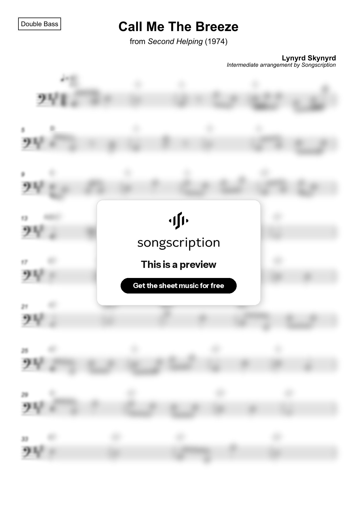 Intermediate Double Bass Sheet Music for "Call Me The Breeze" by Lynyrd Skynyrd