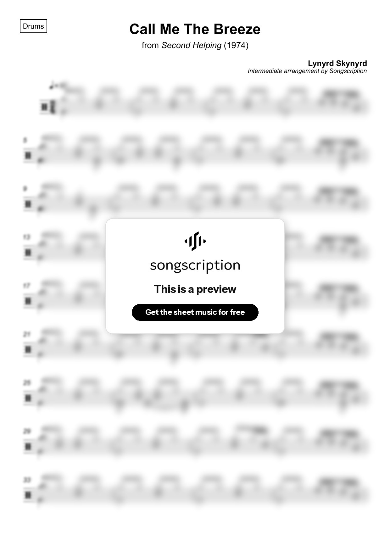 Intermediate Drums Sheet Music for "Call Me The Breeze" by Lynyrd Skynyrd
