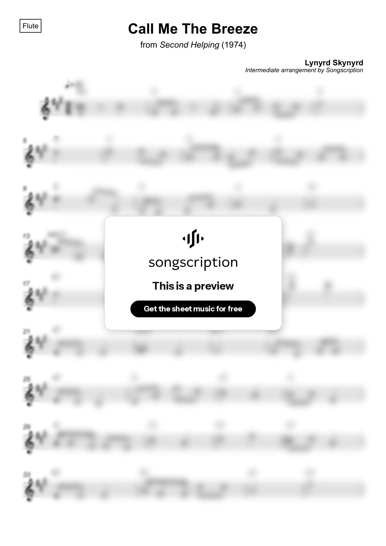 Intermediate Flute Sheet Music for "Call Me The Breeze" by Lynyrd Skynyrd