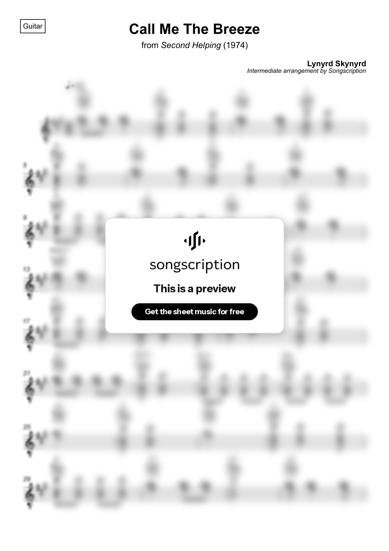 Intermediate Acoustic Guitar Sheet Music for "Call Me The Breeze" by Lynyrd Skynyrd