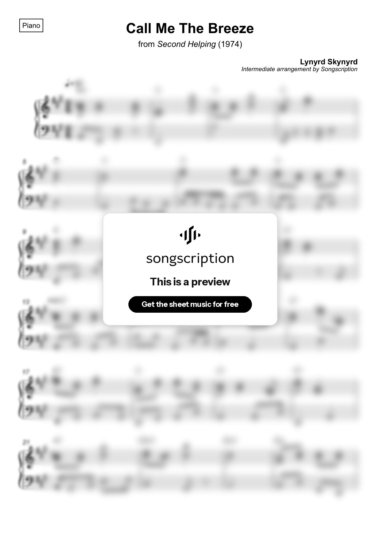 Intermediate Piano Sheet Music for "Call Me The Breeze" by Lynyrd Skynyrd