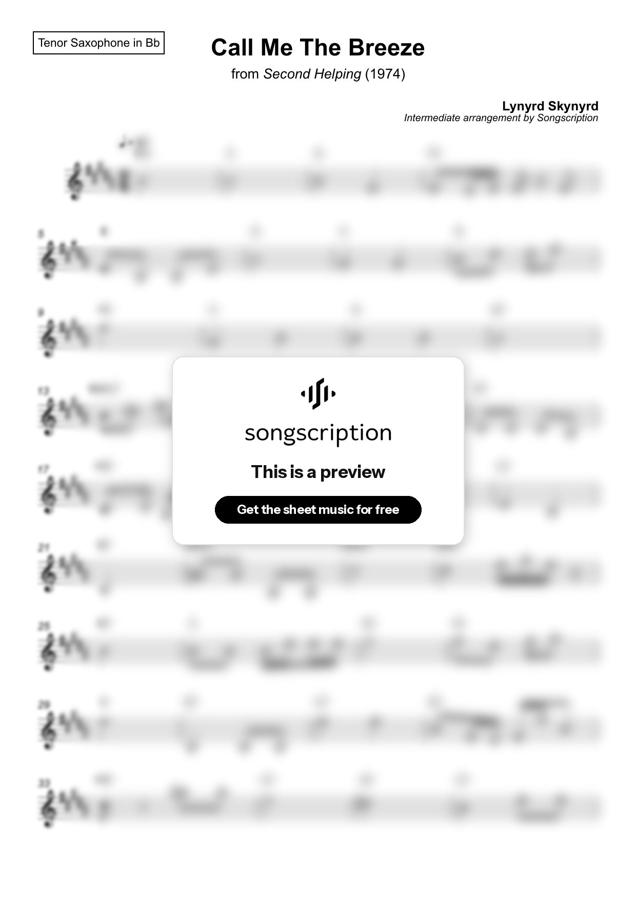 Intermediate Tenor Sax Sheet Music for "Call Me The Breeze" by Lynyrd Skynyrd