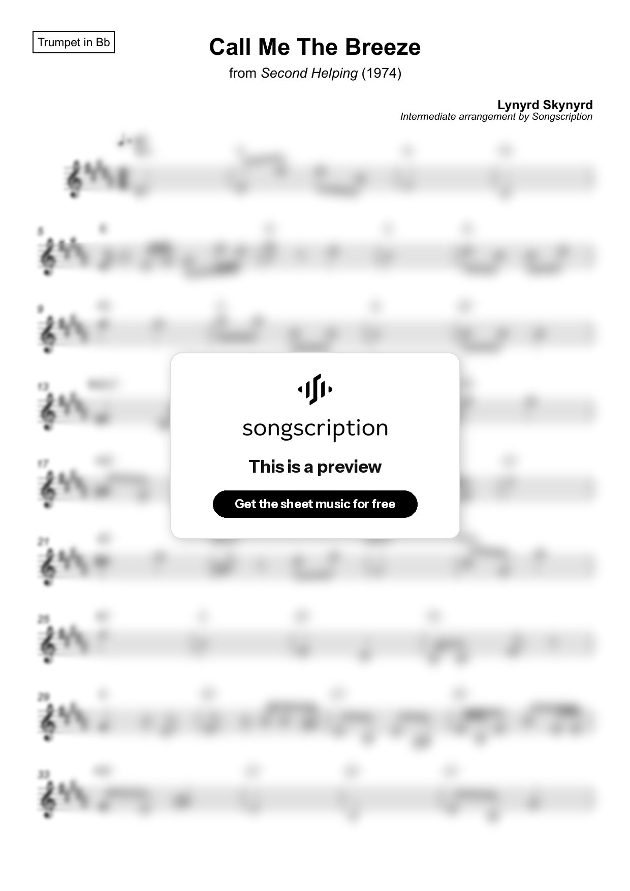 Intermediate Trumpet Sheet Music for "Call Me The Breeze" by Lynyrd Skynyrd
