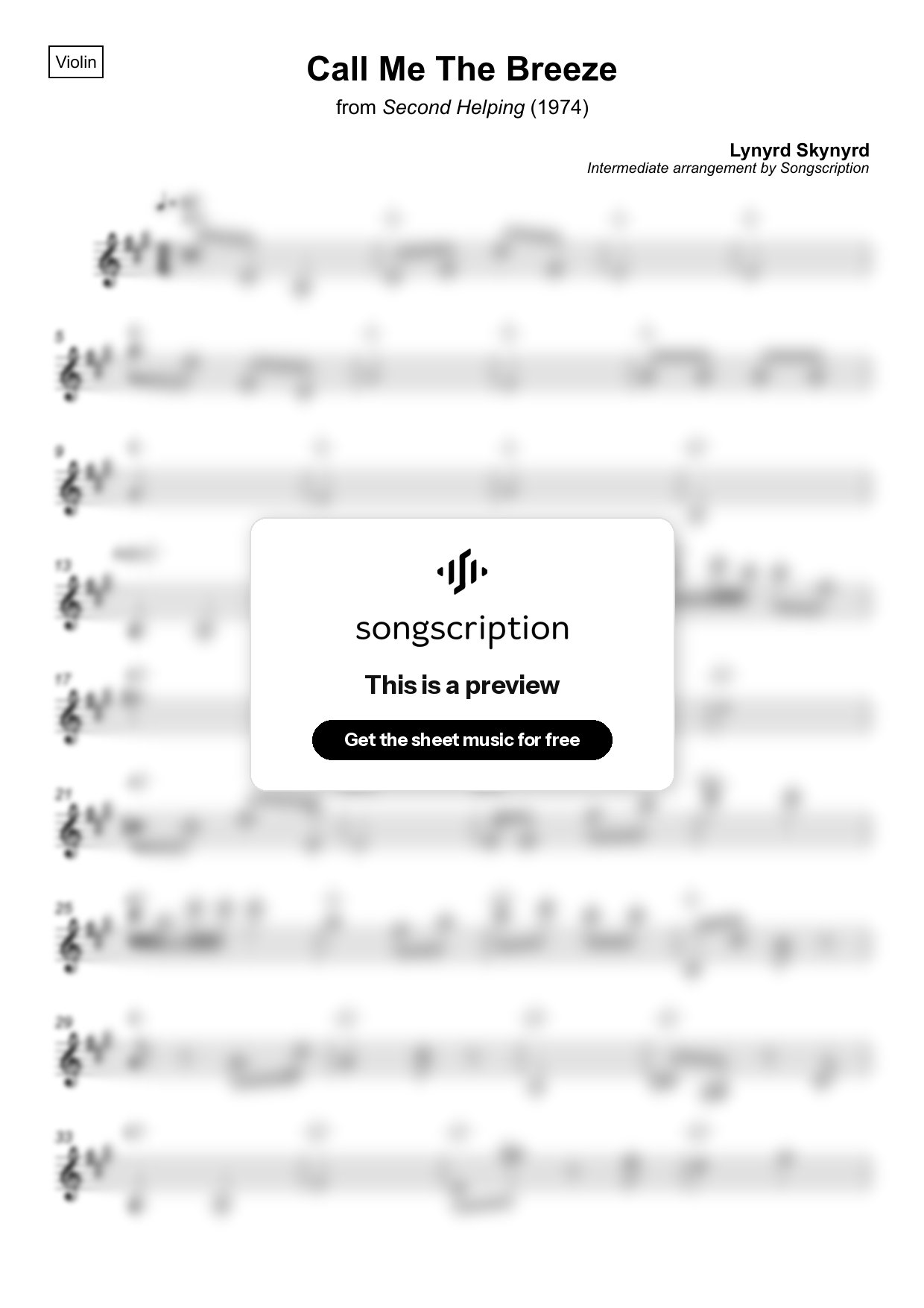 Intermediate Violin Sheet Music for "Call Me The Breeze" by Lynyrd Skynyrd