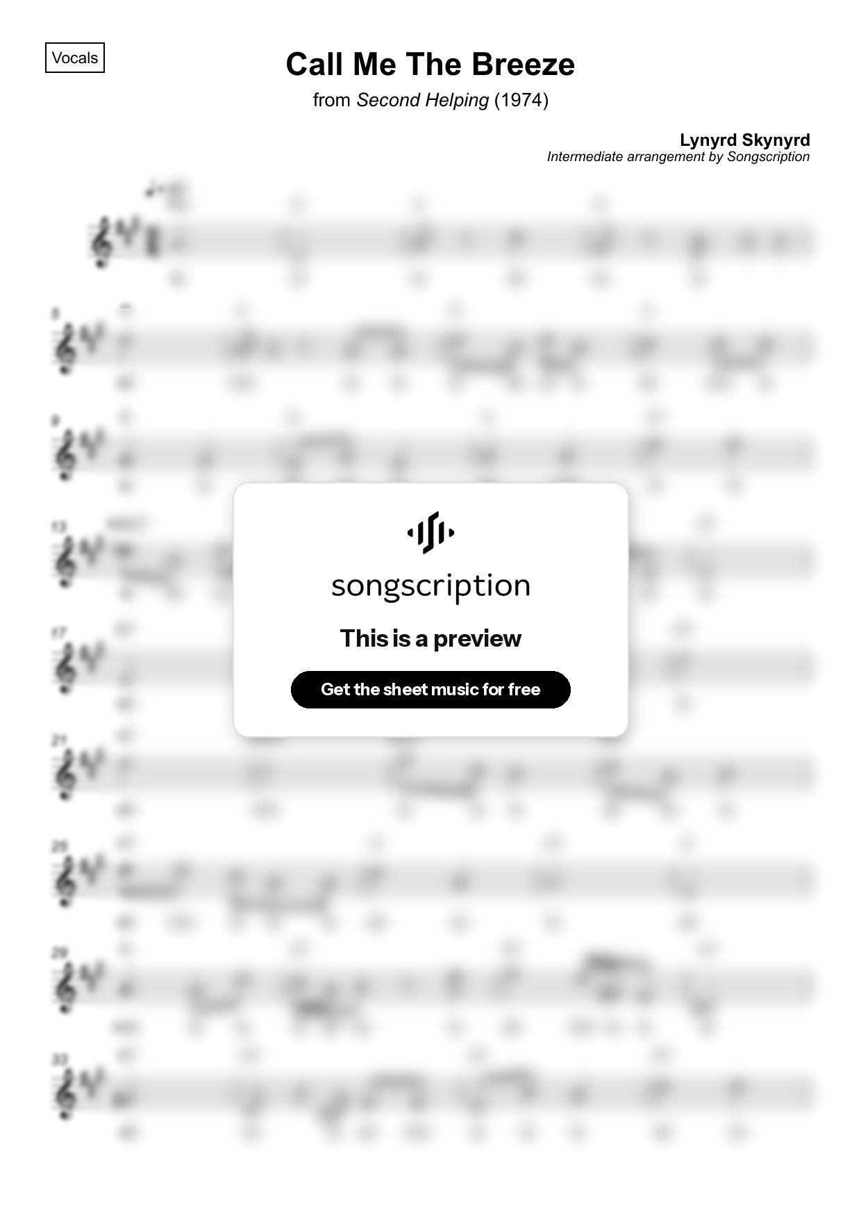 Intermediate Vocals Sheet Music for "Call Me The Breeze" by Lynyrd Skynyrd