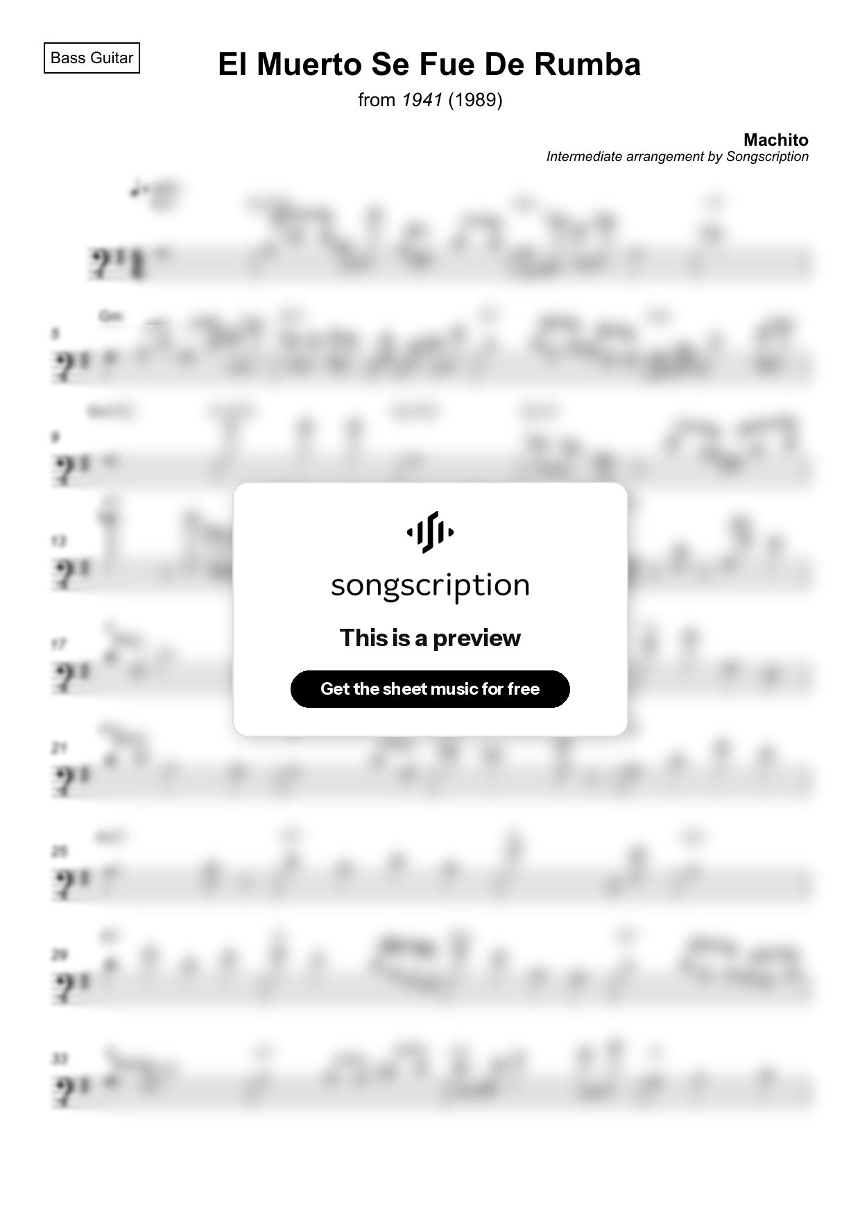 Intermediate Bass Guitar Sheet Music for "El Muerto Se Fue De Rumba" by Machito