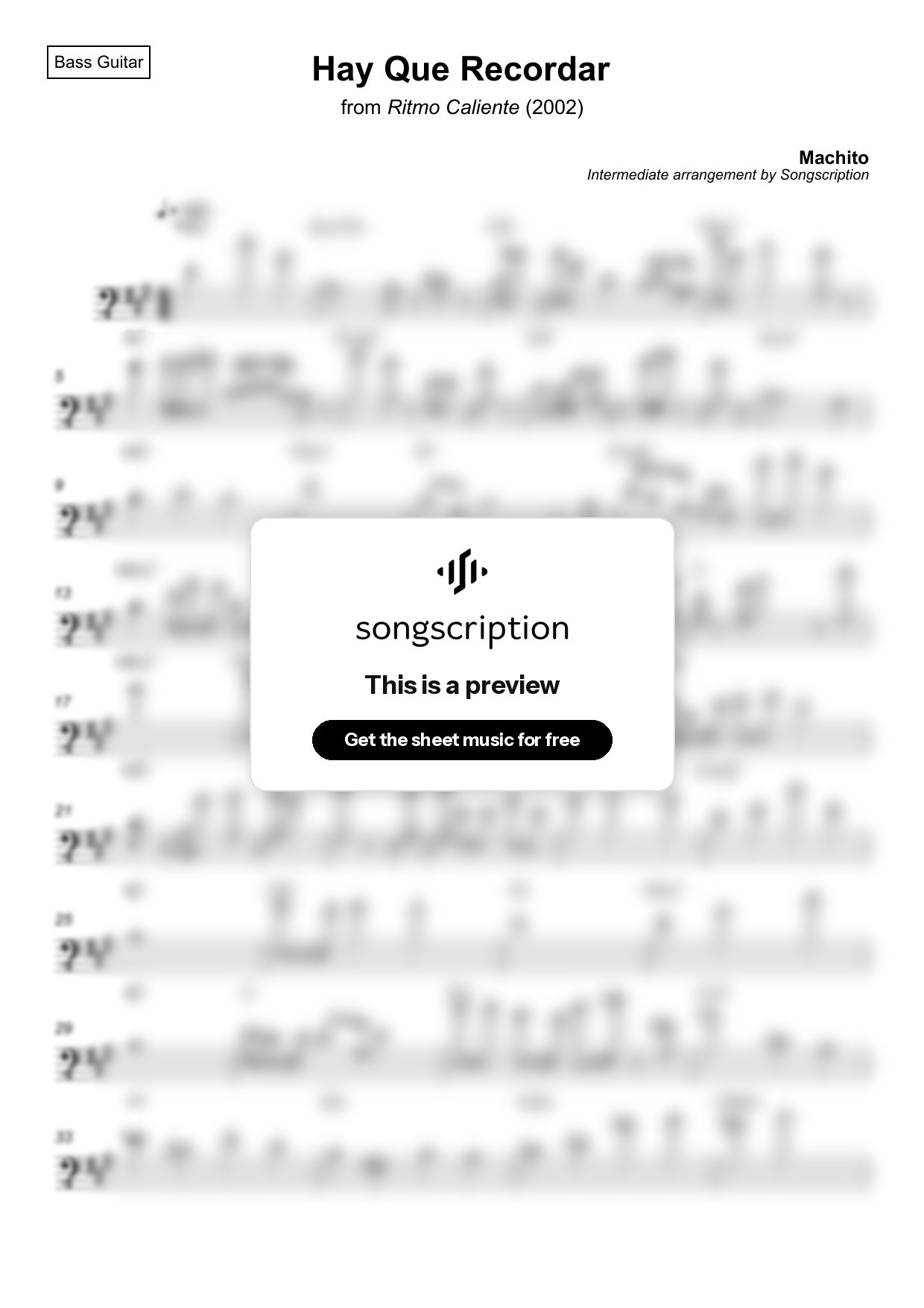 Intermediate Bass Guitar Sheet Music for "Hay Que Recordar" by Machito