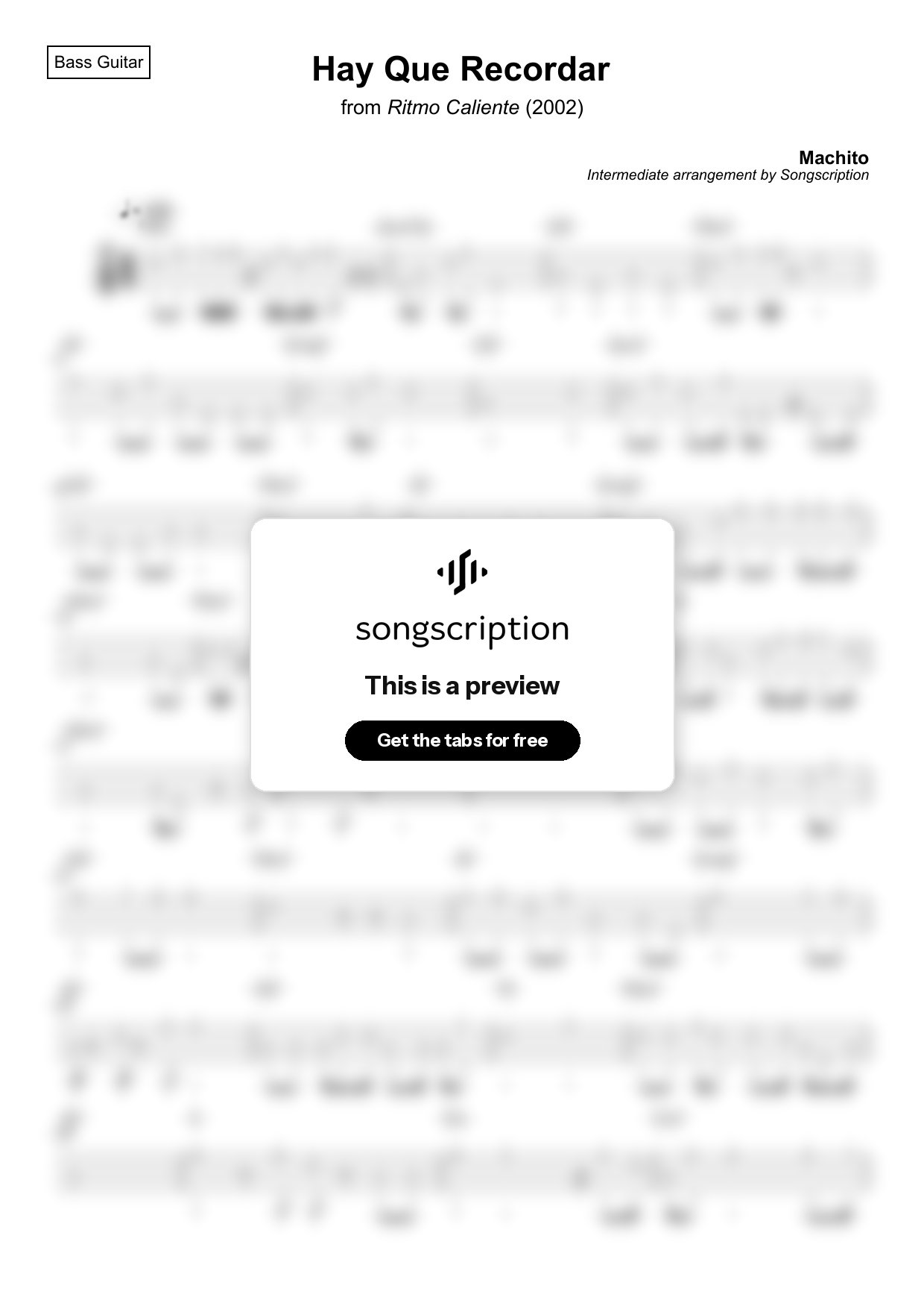 Intermediate Bass Guitar Tabs for "Hay Que Recordar" by Machito