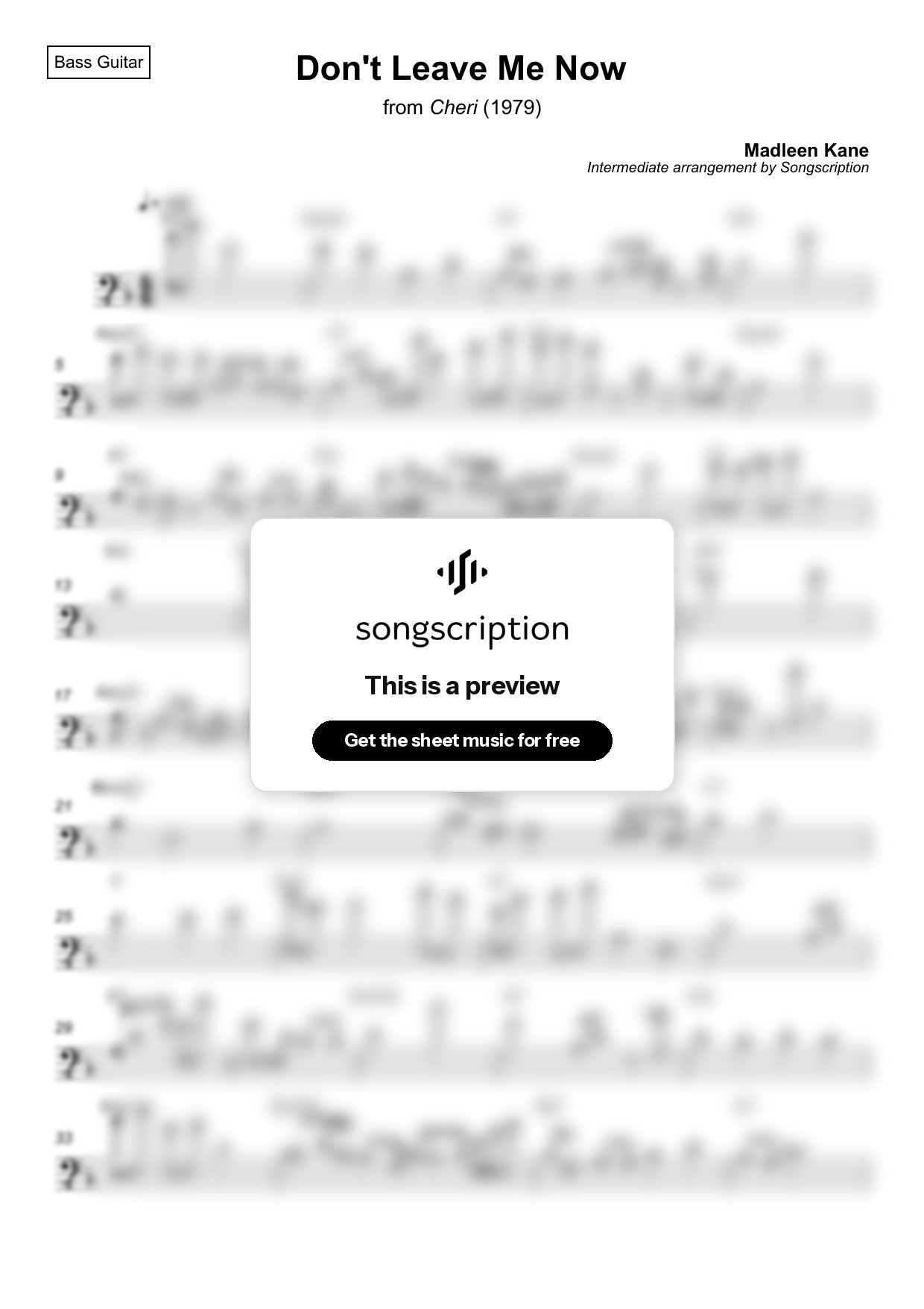 Intermediate Bass Guitar Sheet Music for "Don't Leave Me Now" by Madleen Kane