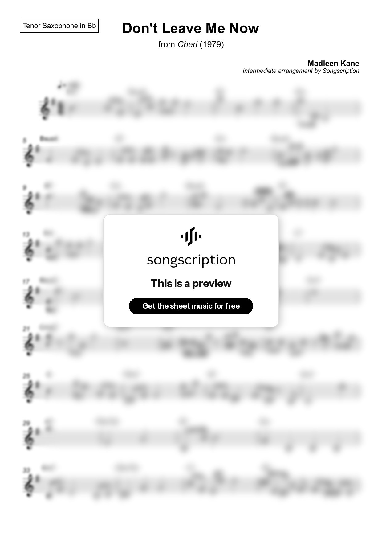 Intermediate Tenor Sax Sheet Music for "Don't Leave Me Now" by Madleen Kane