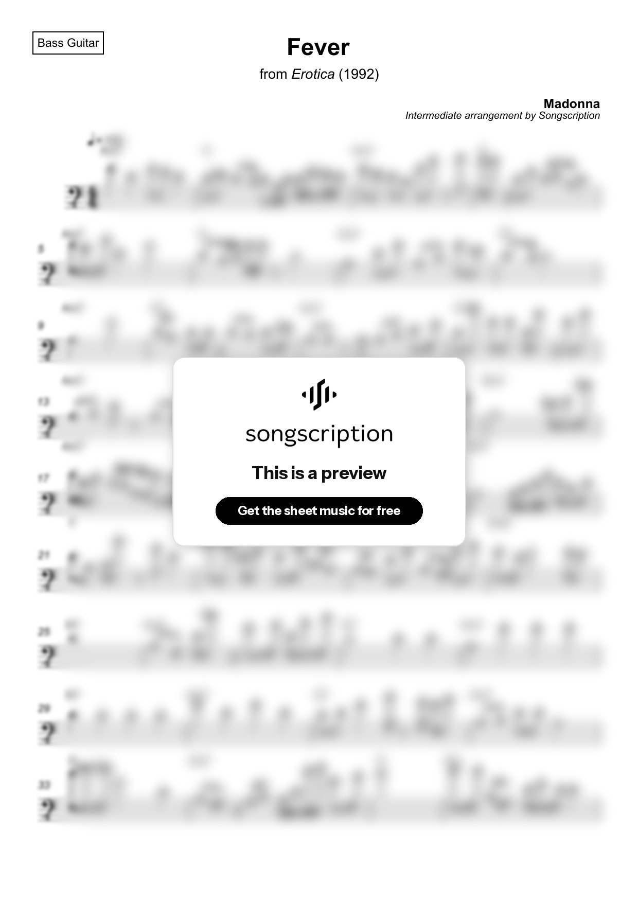 Intermediate Bass Guitar Sheet Music for "Fever" by Madonna