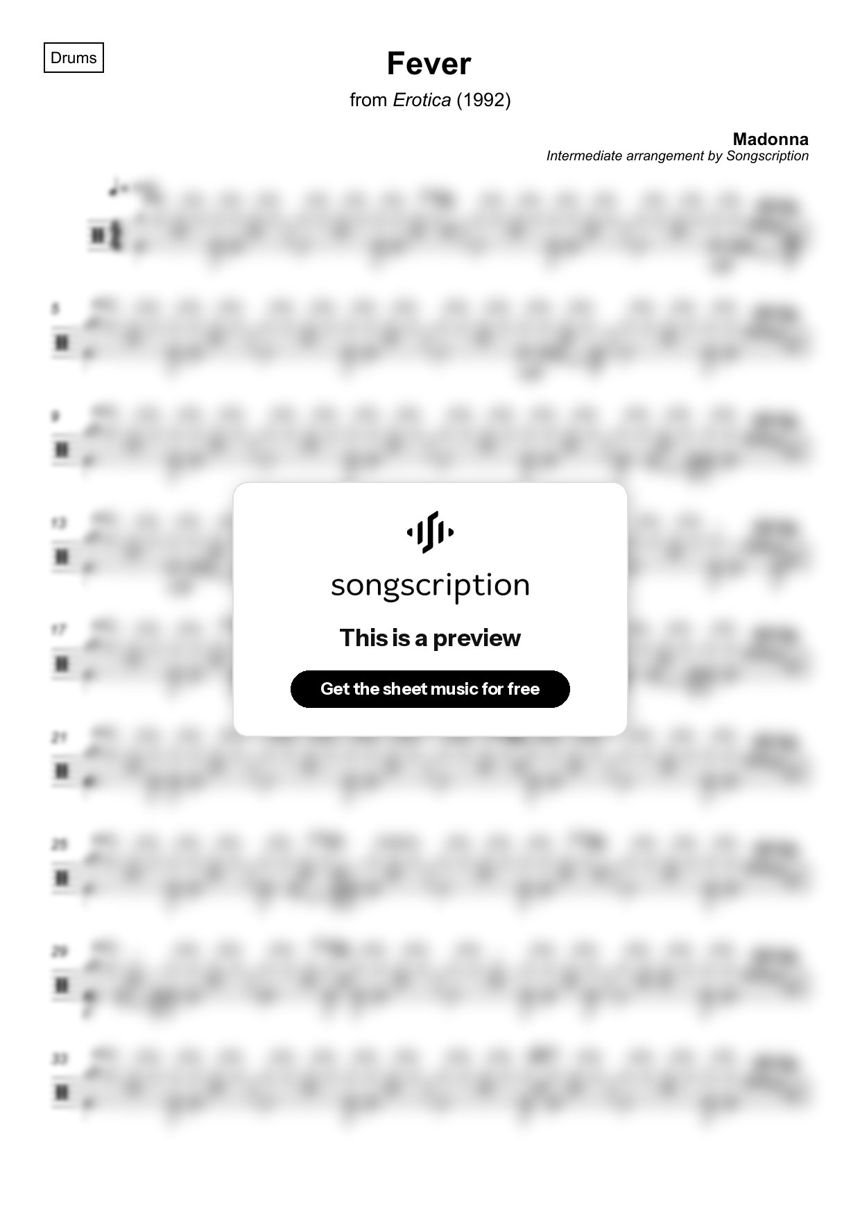 Intermediate Drums Sheet Music for "Fever" by Madonna