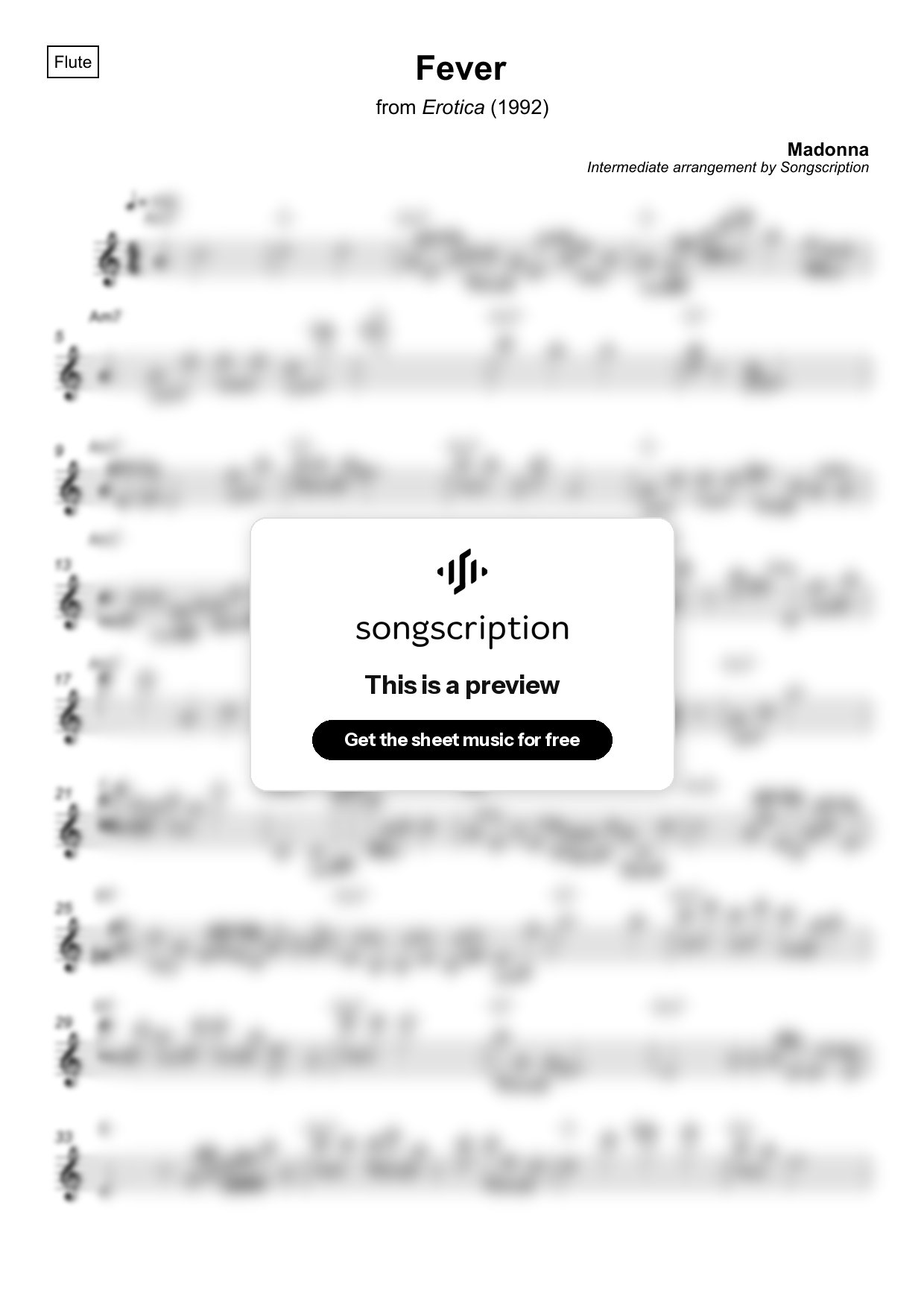 Intermediate Flute Sheet Music for "Fever" by Madonna
