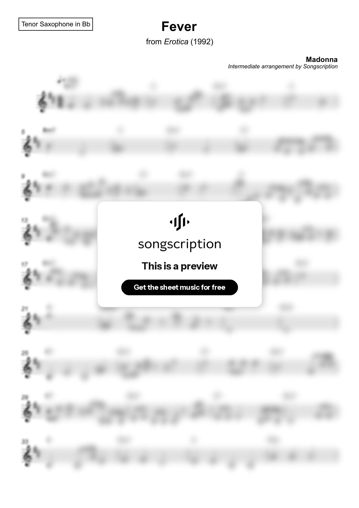 Intermediate Tenor Sax Sheet Music for "Fever" by Madonna