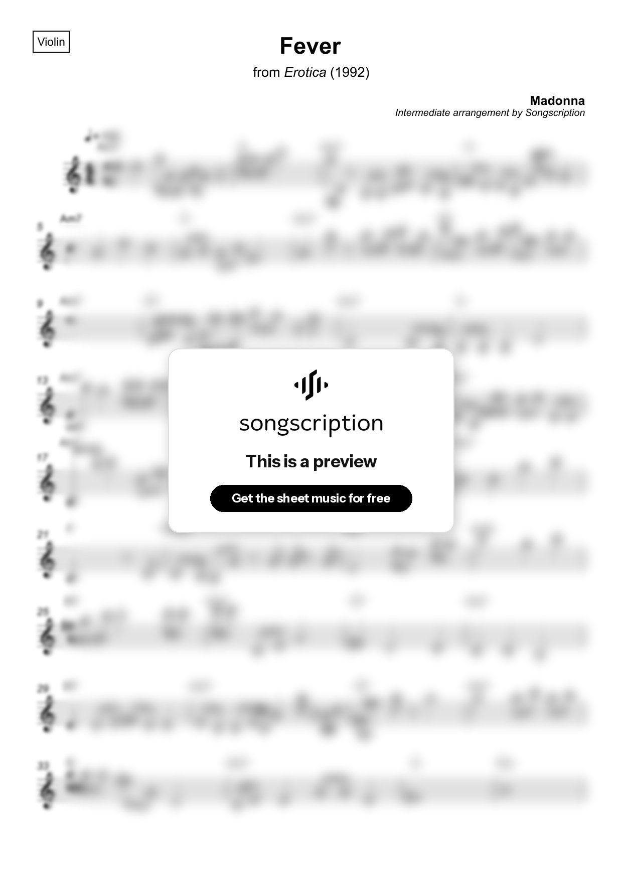 Intermediate Violin Sheet Music for "Fever" by Madonna
