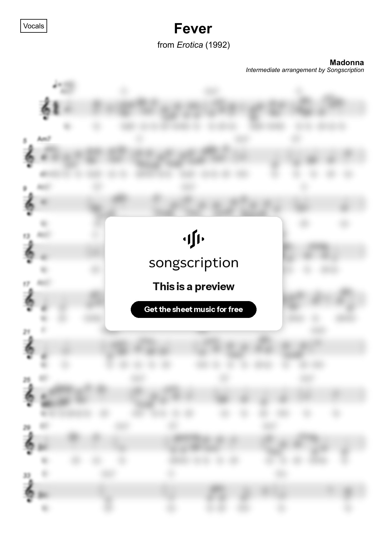 Intermediate Vocals Sheet Music for "Fever" by Madonna