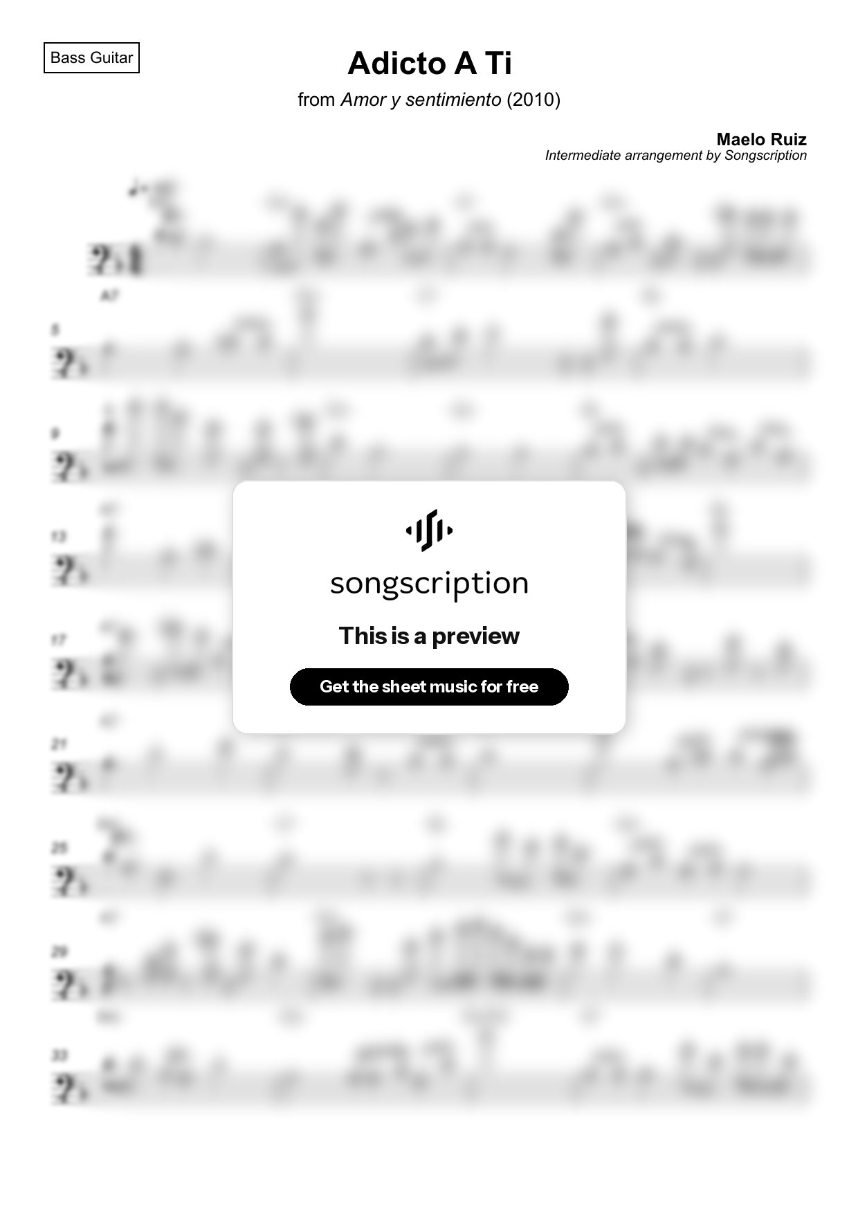 Intermediate Bass Guitar Sheet Music for "Adicto A Ti" by Maelo Ruiz