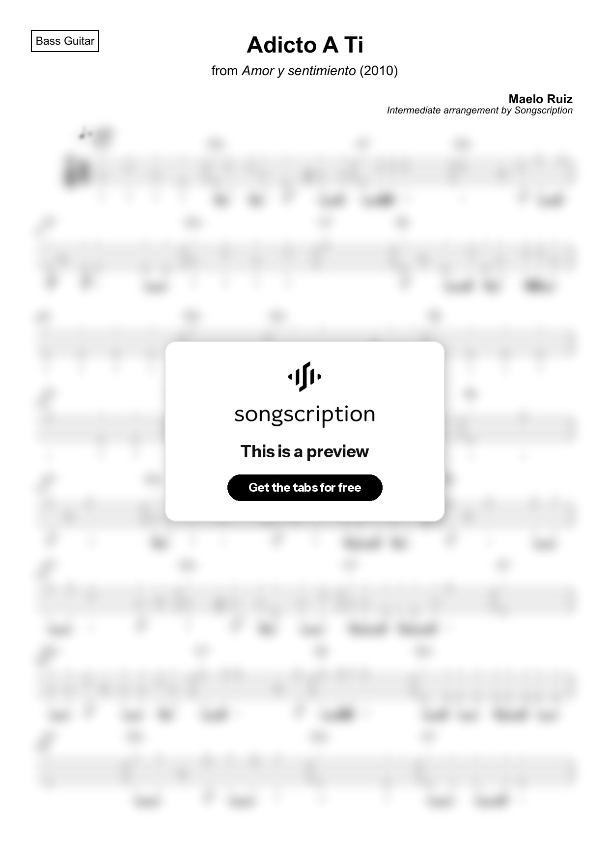 Intermediate Bass Guitar Tabs for "Adicto A Ti" by Maelo Ruiz