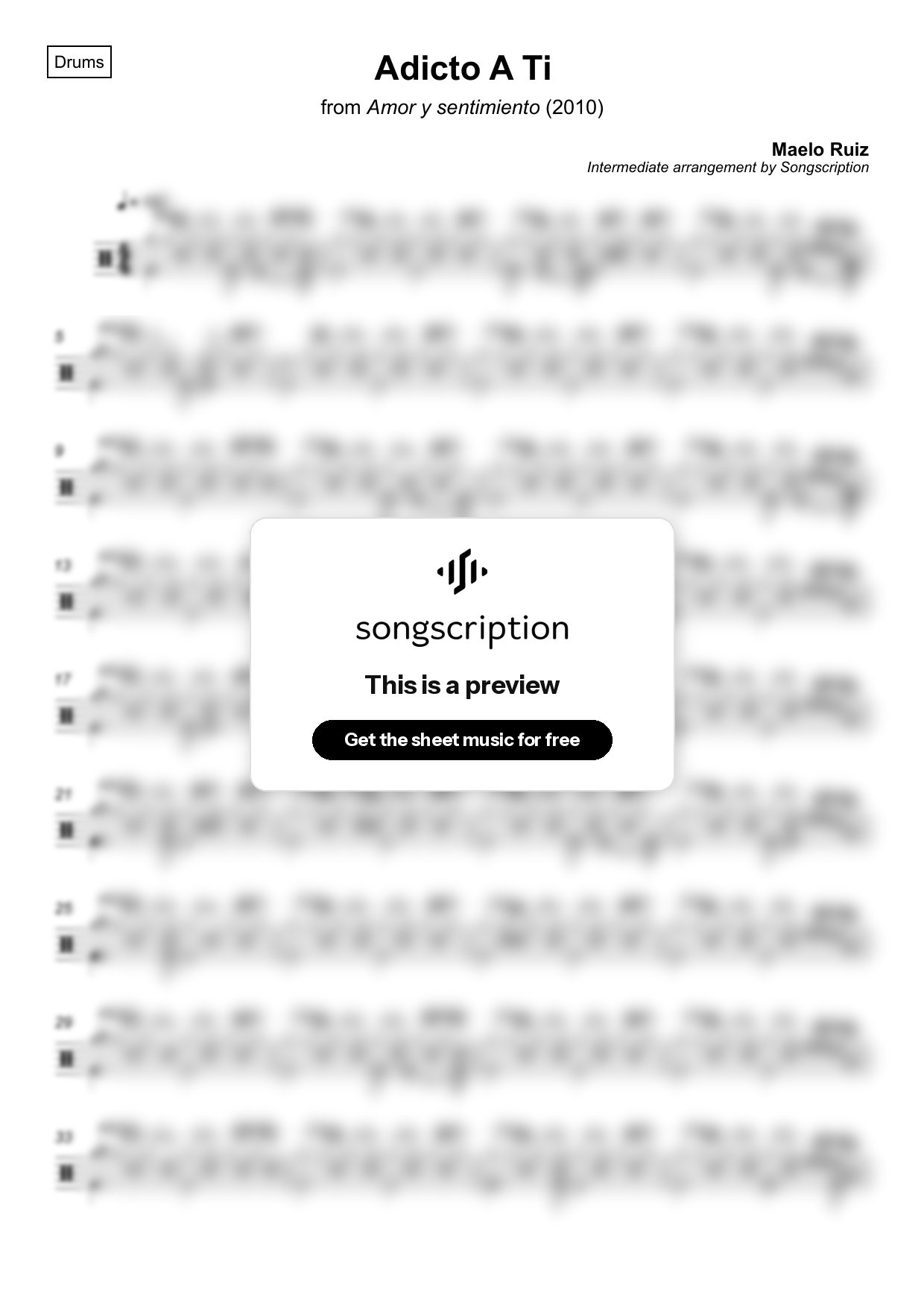 Intermediate Drums Sheet Music for "Adicto A Ti" by Maelo Ruiz