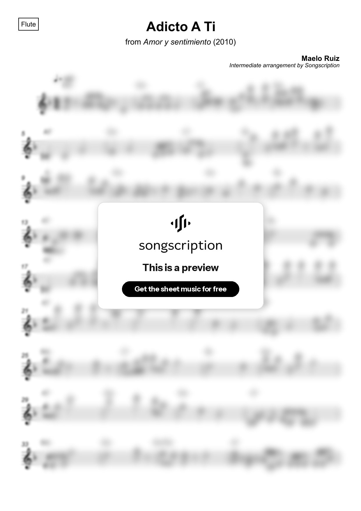 Intermediate Flute Sheet Music for "Adicto A Ti" by Maelo Ruiz