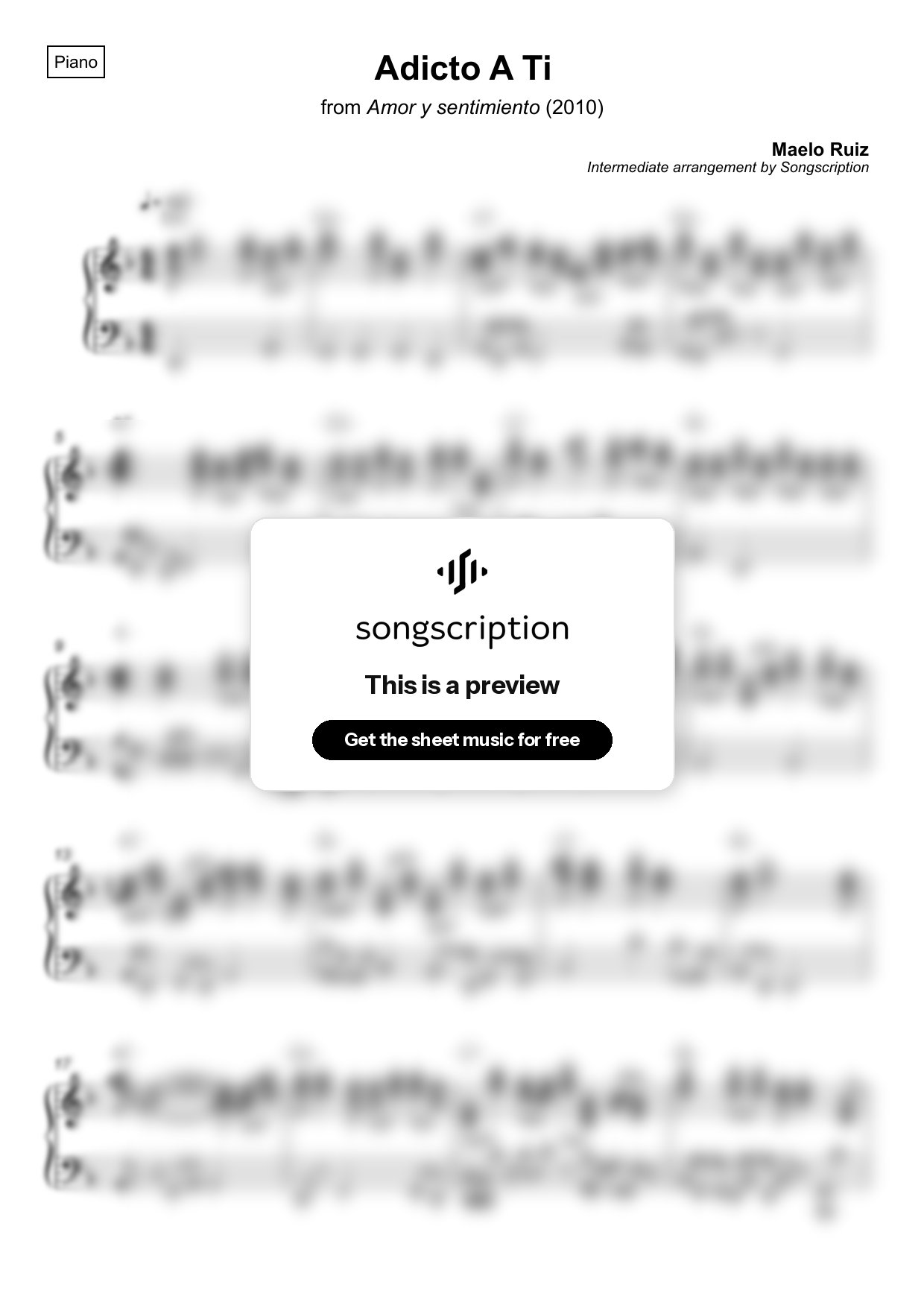 Intermediate Piano Sheet Music for "Adicto A Ti" by Maelo Ruiz