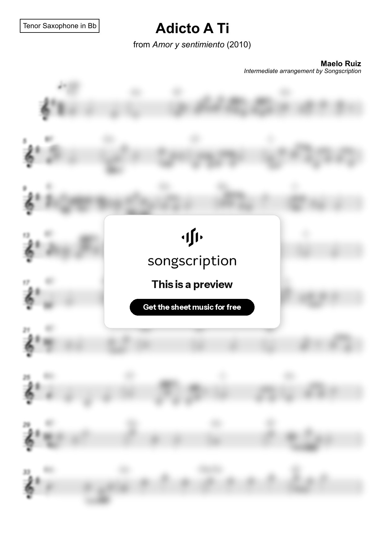 Intermediate Tenor Sax Sheet Music for "Adicto A Ti" by Maelo Ruiz