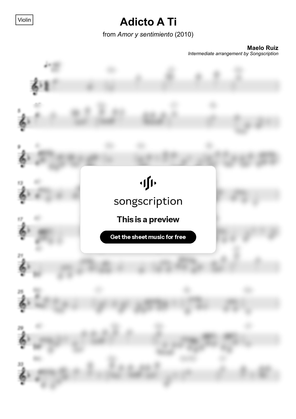 Intermediate Violin Sheet Music for "Adicto A Ti" by Maelo Ruiz