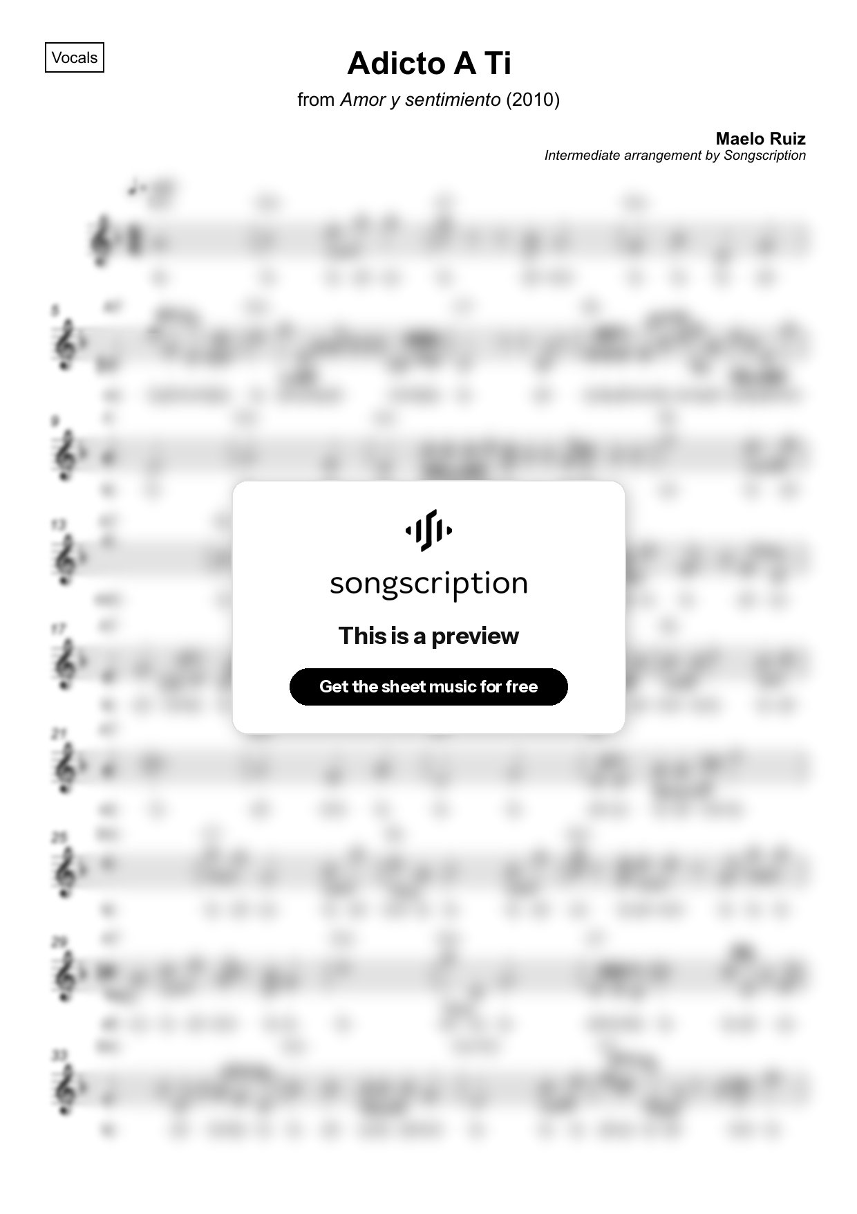 Intermediate Vocals Sheet Music for "Adicto A Ti" by Maelo Ruiz