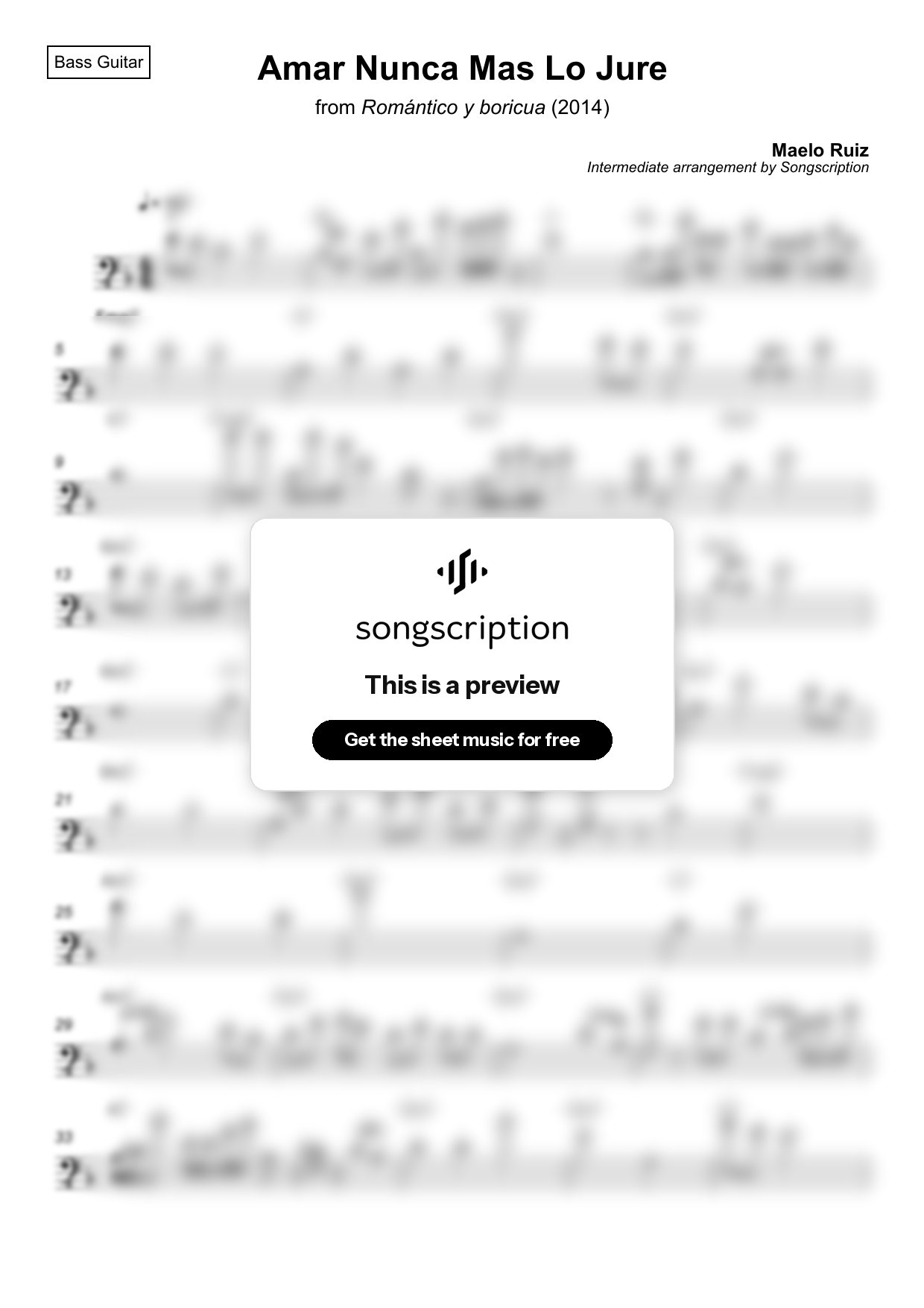 Intermediate Bass Guitar Sheet Music for "Amar Nunca Mas Lo Jure" by Maelo Ruiz
