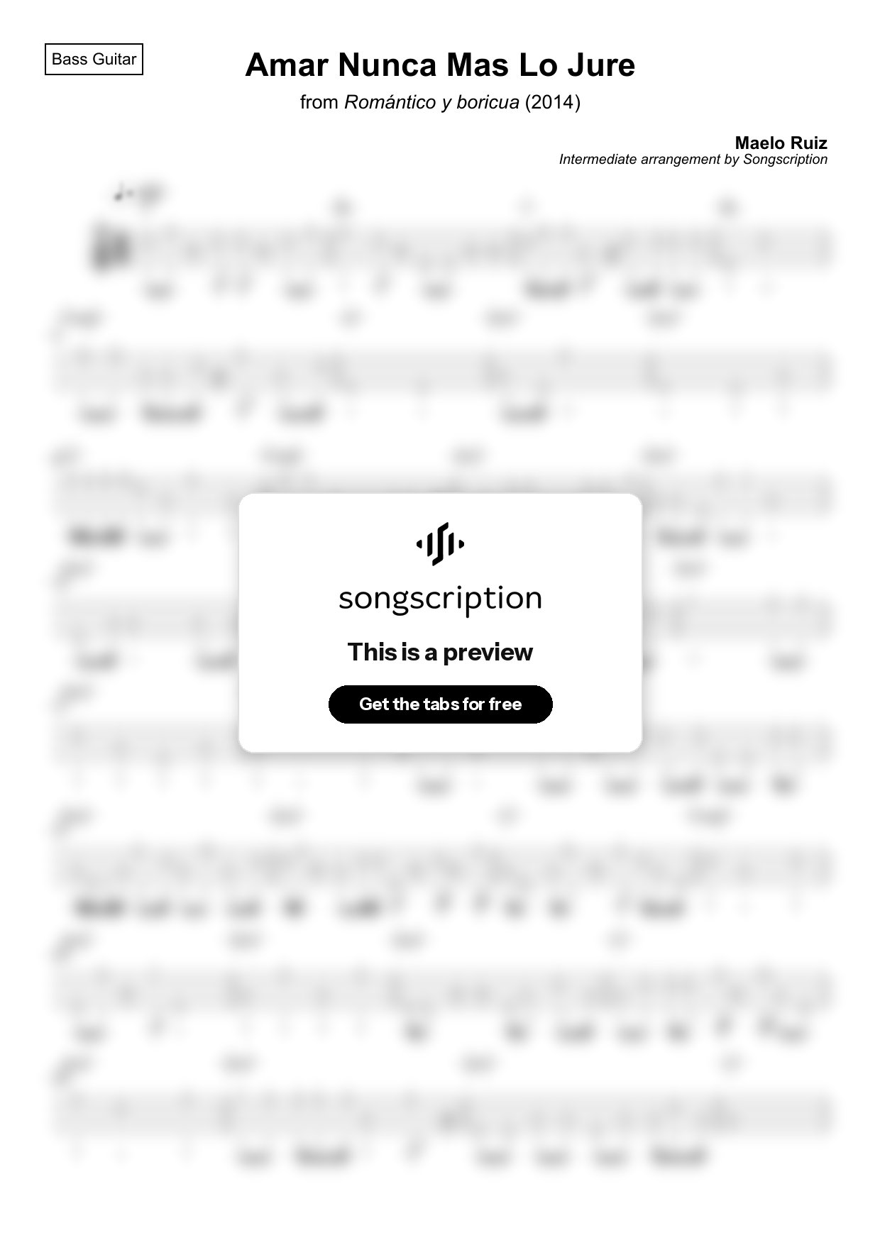 Intermediate Bass Guitar Tabs for "Amar Nunca Mas Lo Jure" by Maelo Ruiz