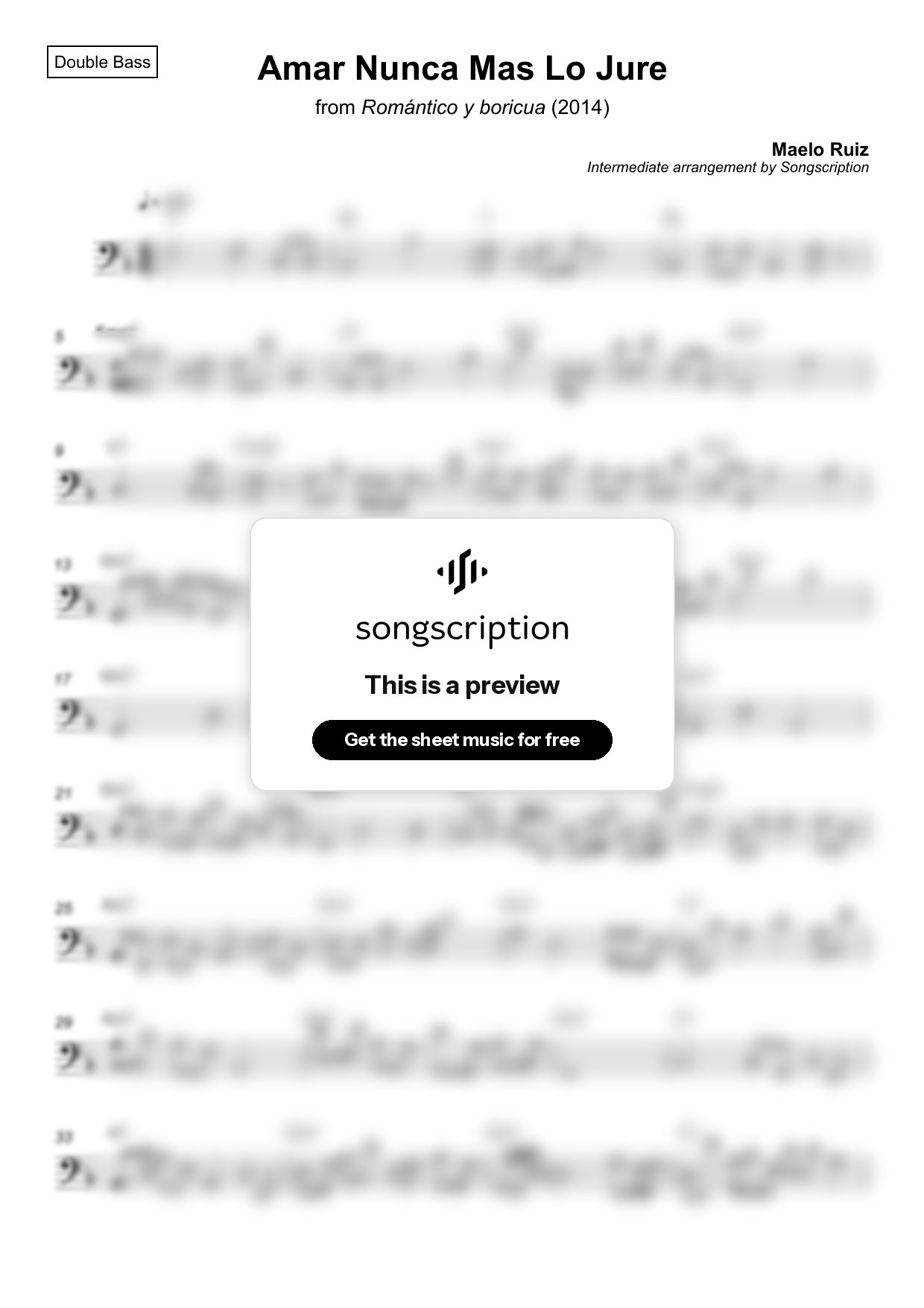 Intermediate Double Bass Sheet Music for "Amar Nunca Mas Lo Jure" by Maelo Ruiz