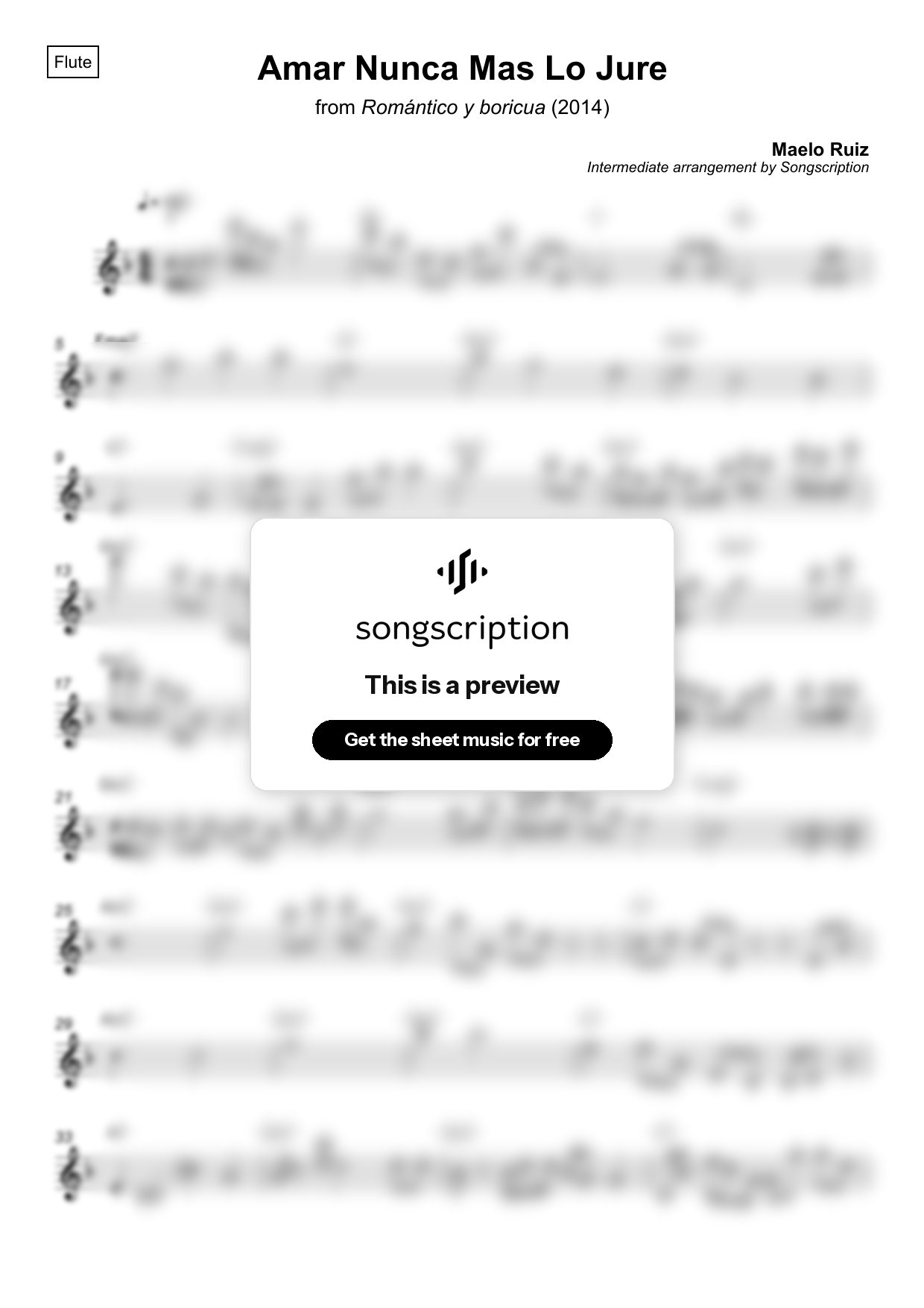 Intermediate Flute Sheet Music for "Amar Nunca Mas Lo Jure" by Maelo Ruiz