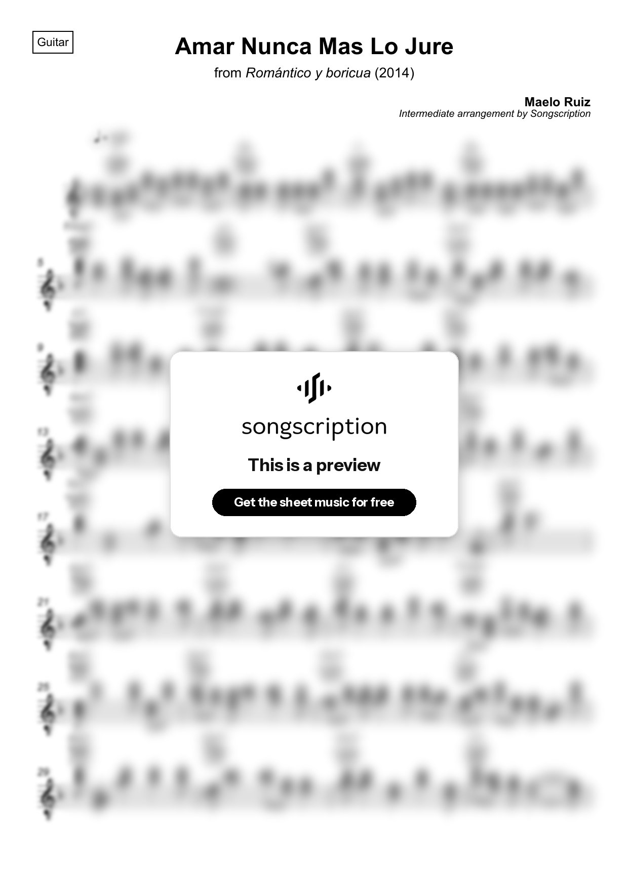 Intermediate Acoustic Guitar Sheet Music for "Amar Nunca Mas Lo Jure" by Maelo Ruiz