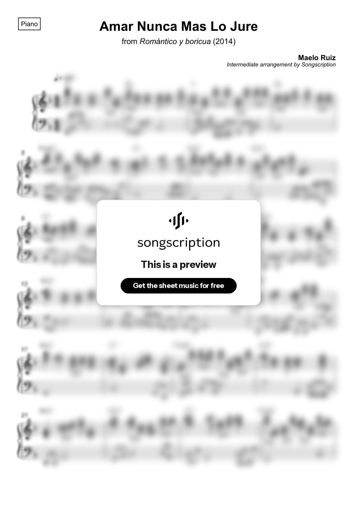 Intermediate Piano Sheet Music for "Amar Nunca Mas Lo Jure" by Maelo Ruiz