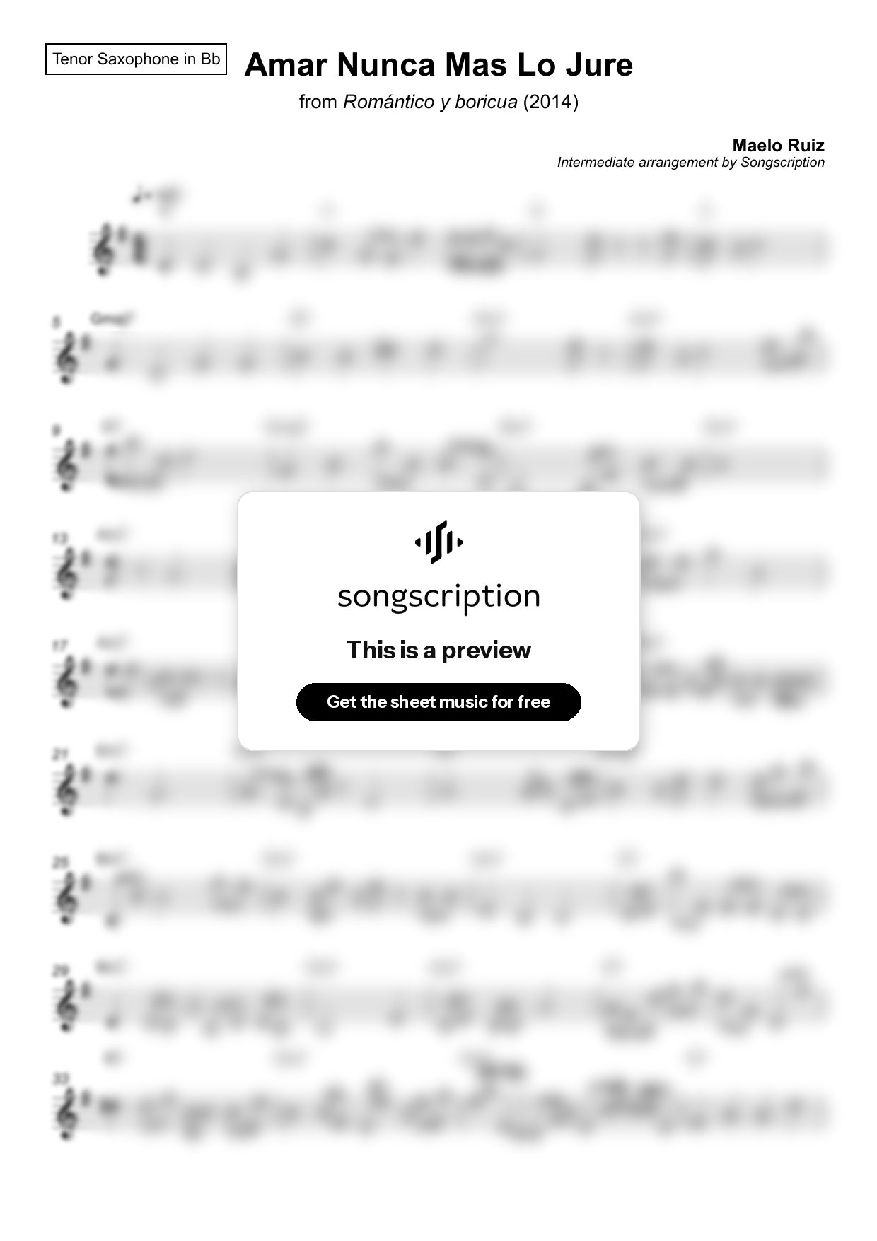 Intermediate Tenor Sax Sheet Music for "Amar Nunca Mas Lo Jure" by Maelo Ruiz